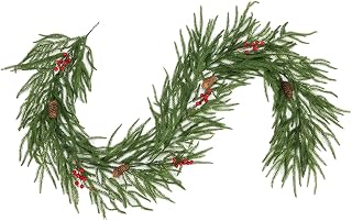 CINPIUK Christmas Artificial Pine Garland - Real Touch PE Material Christmas Greenery Decor for Mantle, Staircase, Door, Table, Indoor Outdoor Holiday Decorations, 6Ft, Holly Berry