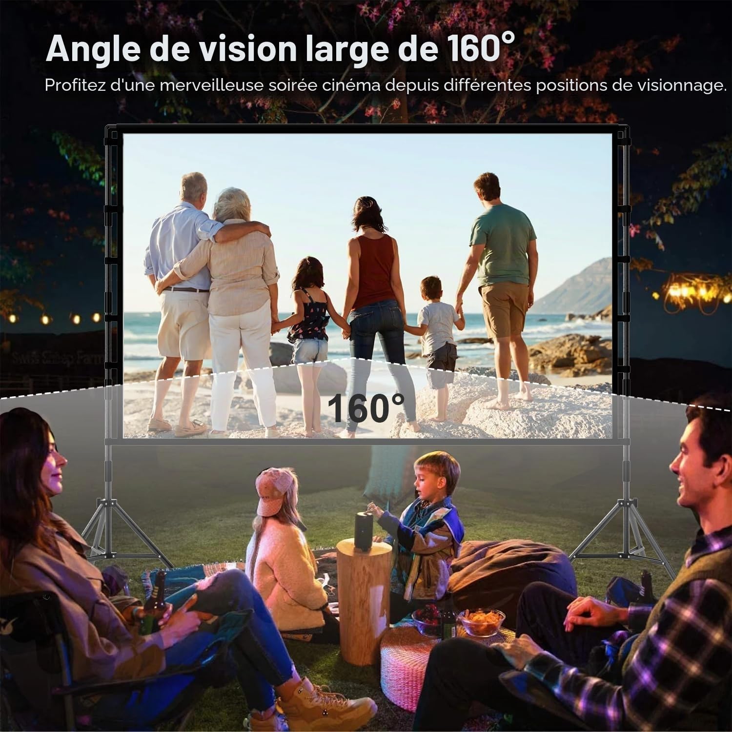 TOWOND Écran de projection avec support, 120", portable, dos noir, extérieur 16:9 4K HD sans plis avec sac de transport