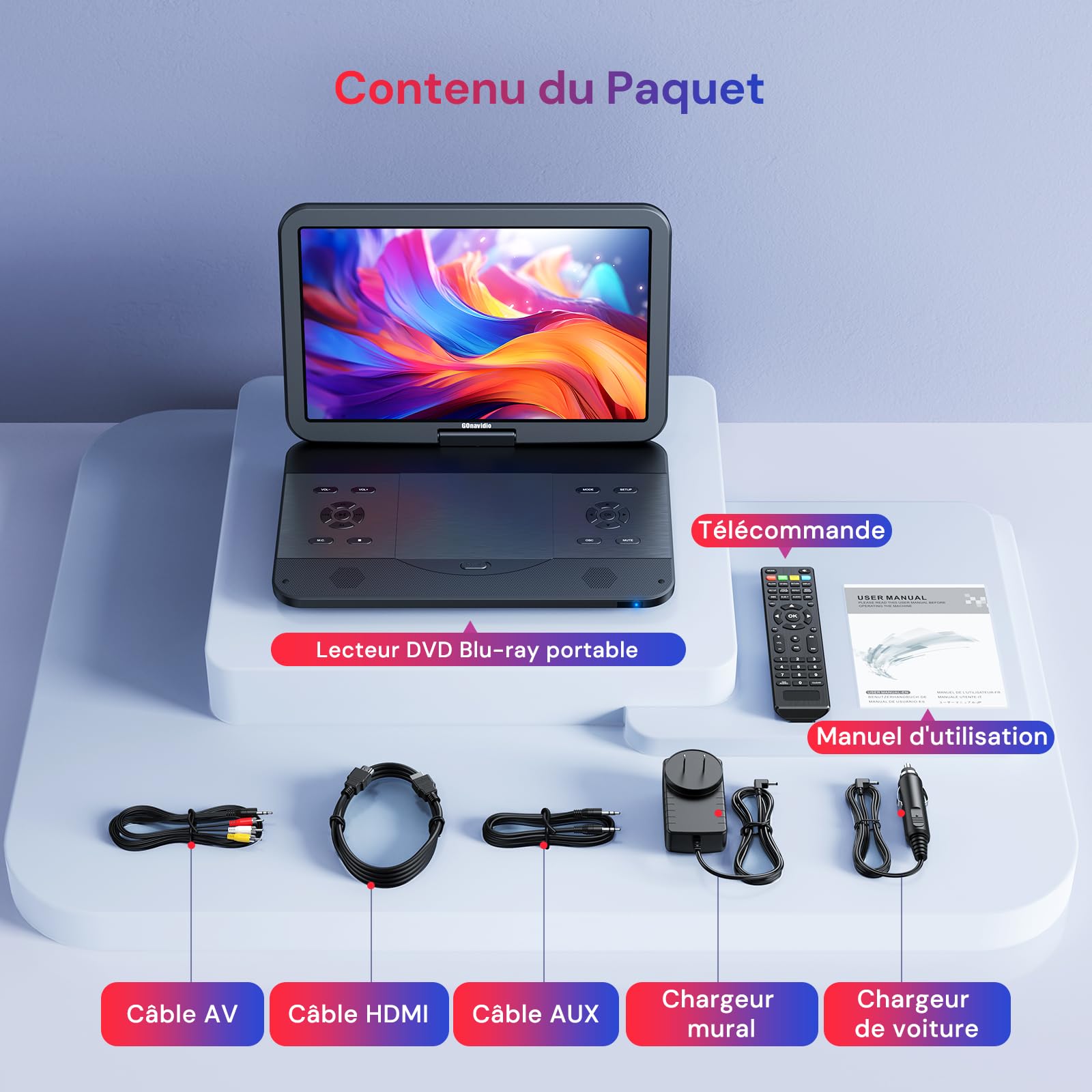 GOnavidio 15" Lecteur blu Ray Portable,HDMI Sorti,Support 1080P Video,Audio Dolby,Lecteur DVD blu Ray Portable Prise en Charge USB/SD,Lecteur blu Ray Voiture HD ecrans,Grand battrie