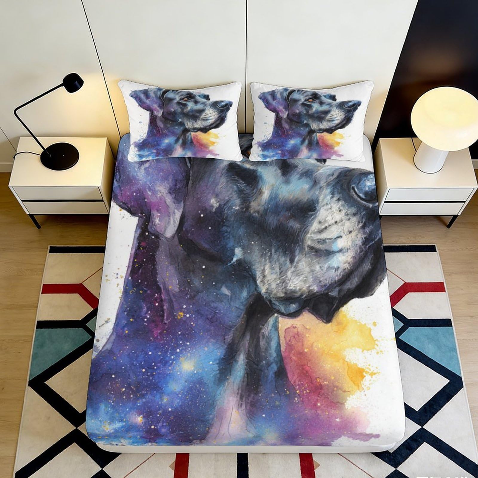 3D Printed Galaxy Wolf Fitted Sheet Microfiber Soft Breathable Cosmic Nebula Mattress Cover for Bedroom Dorm Decor 90x200x25cm