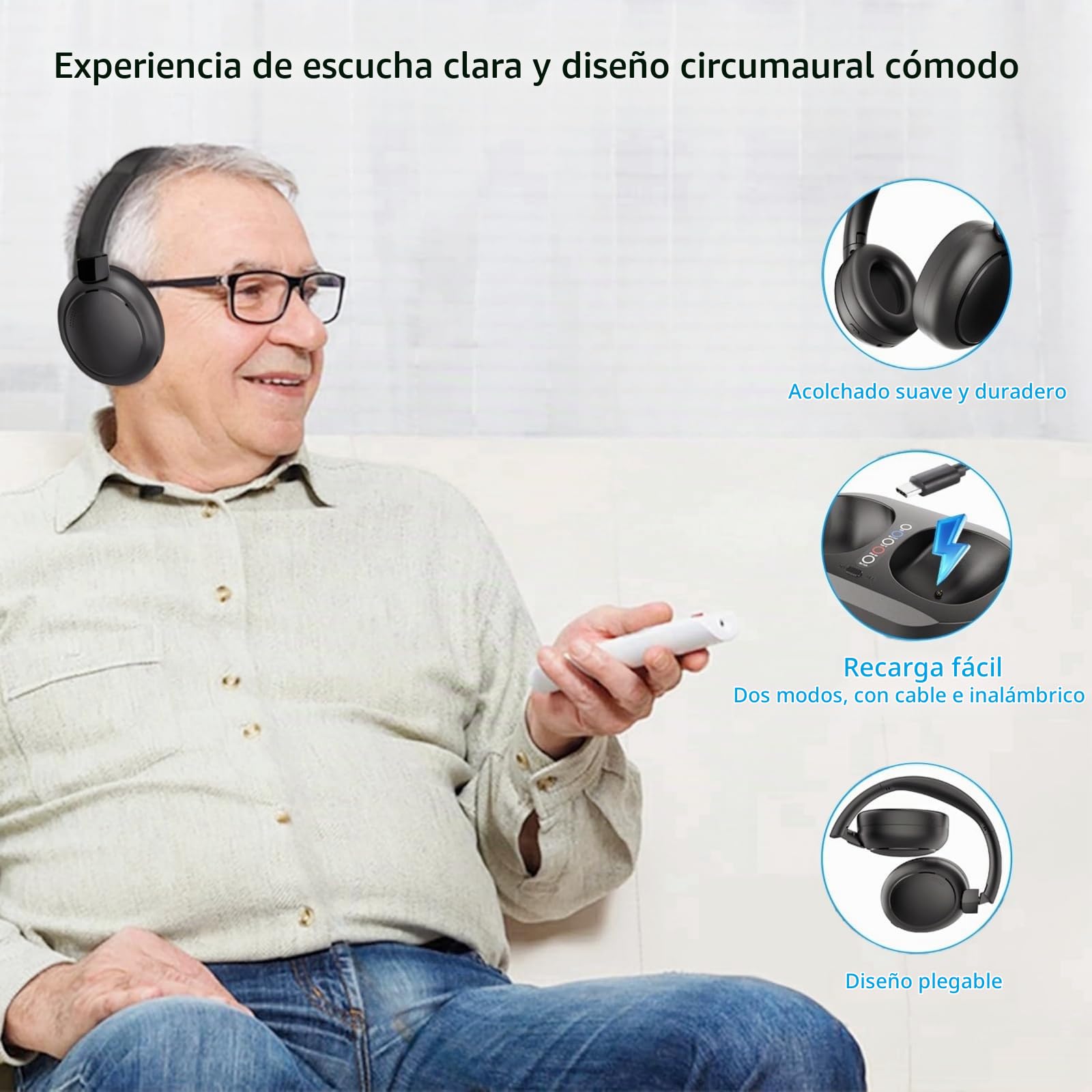 Auriculares Inalámbricos para TV con Modo Dual 2.4G RF y Bluetooth 5.3, Auriculares Inalámbricos Supraaurales Para ver Televisión con Base Transmisora, Mejora de Volumen para Personas Mayores, Negro