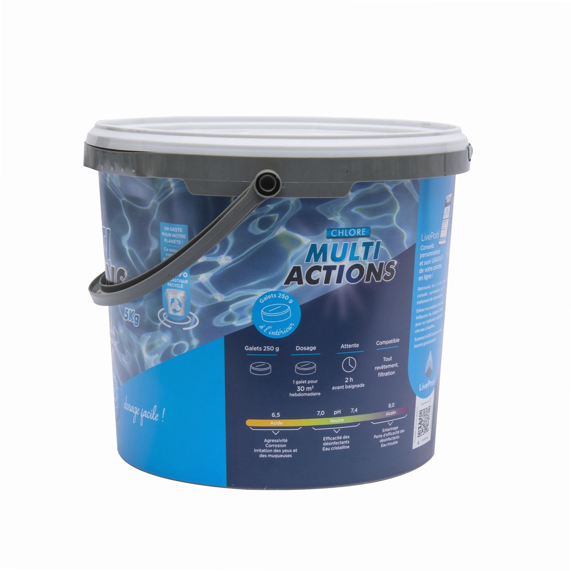 0 14848 Chlore Multi Actions, Galets 250gr, Seau de 5KG, EDG, Non comburant-AQUALUX-106622, Blanc