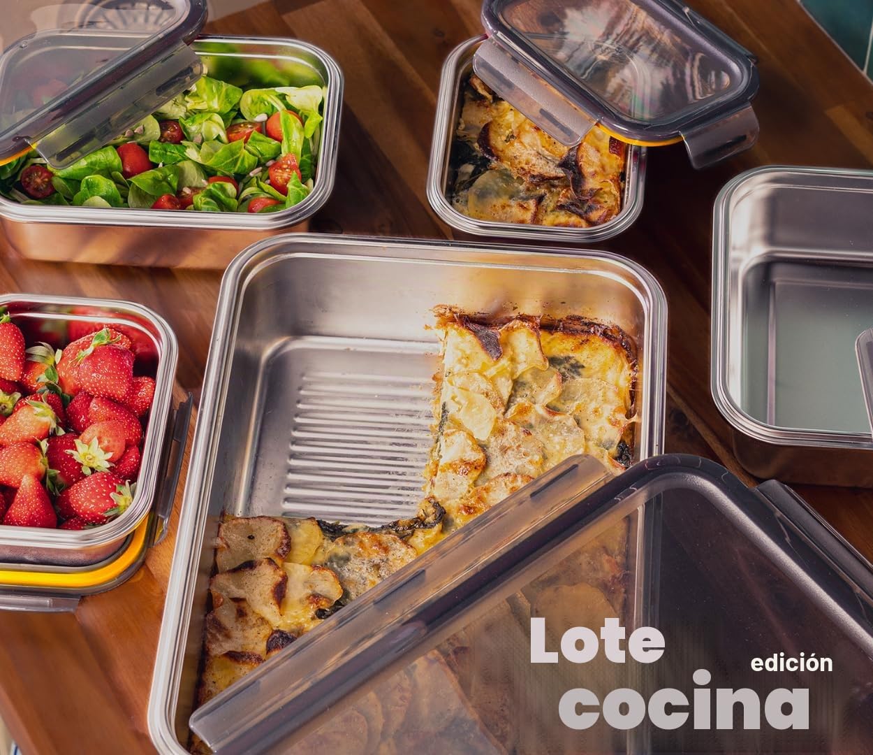 Pika | Juego de 5 cajas de alimentos de acero inoxidable | 1 x 5000 ml + 2 x 1300 ml + 2 x 650 ml | Especial por lotes de cocina | Compatible con microondas, horno, congelador, almacenamiento fácil