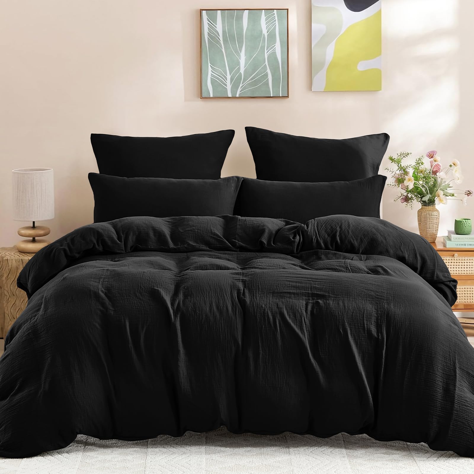 WONGS BEDDING Musselin Bettwäsche 135x200 Schwarz mit 80x80 Kissenbezug