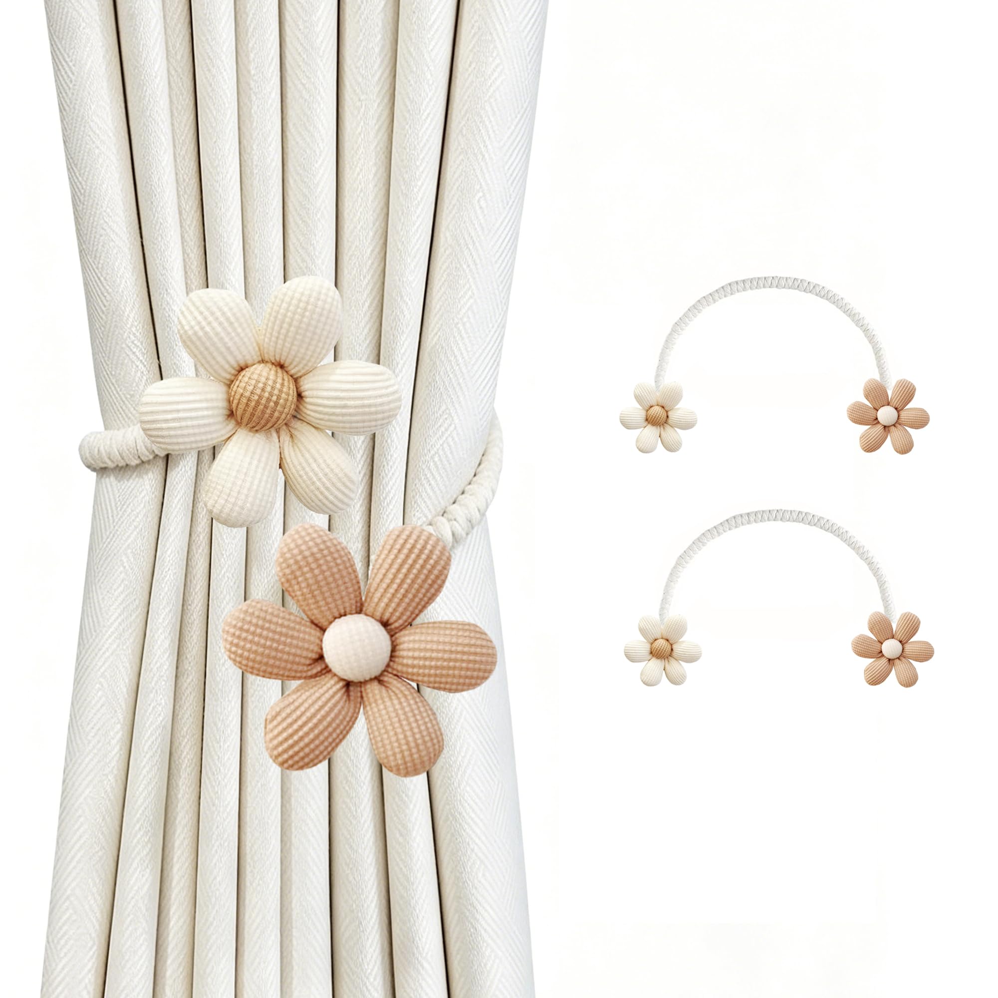 SRG Curtain Tiebacks for Curtains 2 Pack, Decorative Curtain Holdbacks for Drapes, Handmade Tie Backs No Drilling for Home Bedroom Window Decor – Flower Cream Brown