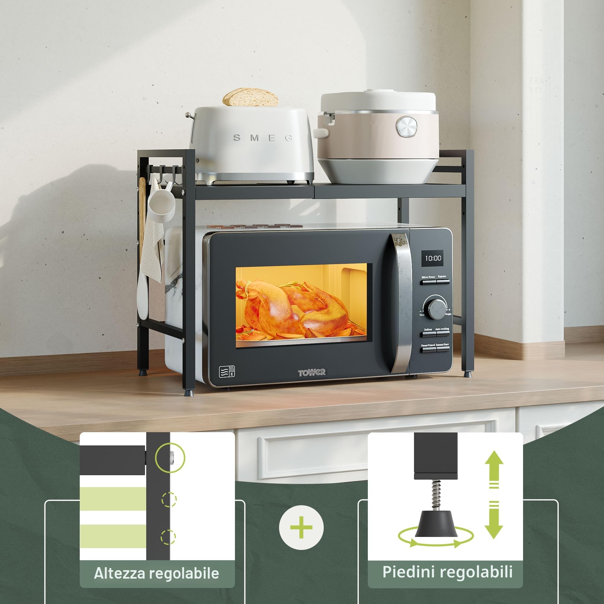 NETEL Mensola Microonde Estensibile Contatore Cucina Organizzatore Supporto Microonde Scaffali Salvaspazio Forno Mensola Con 8 ganci, Nero 2 livelli