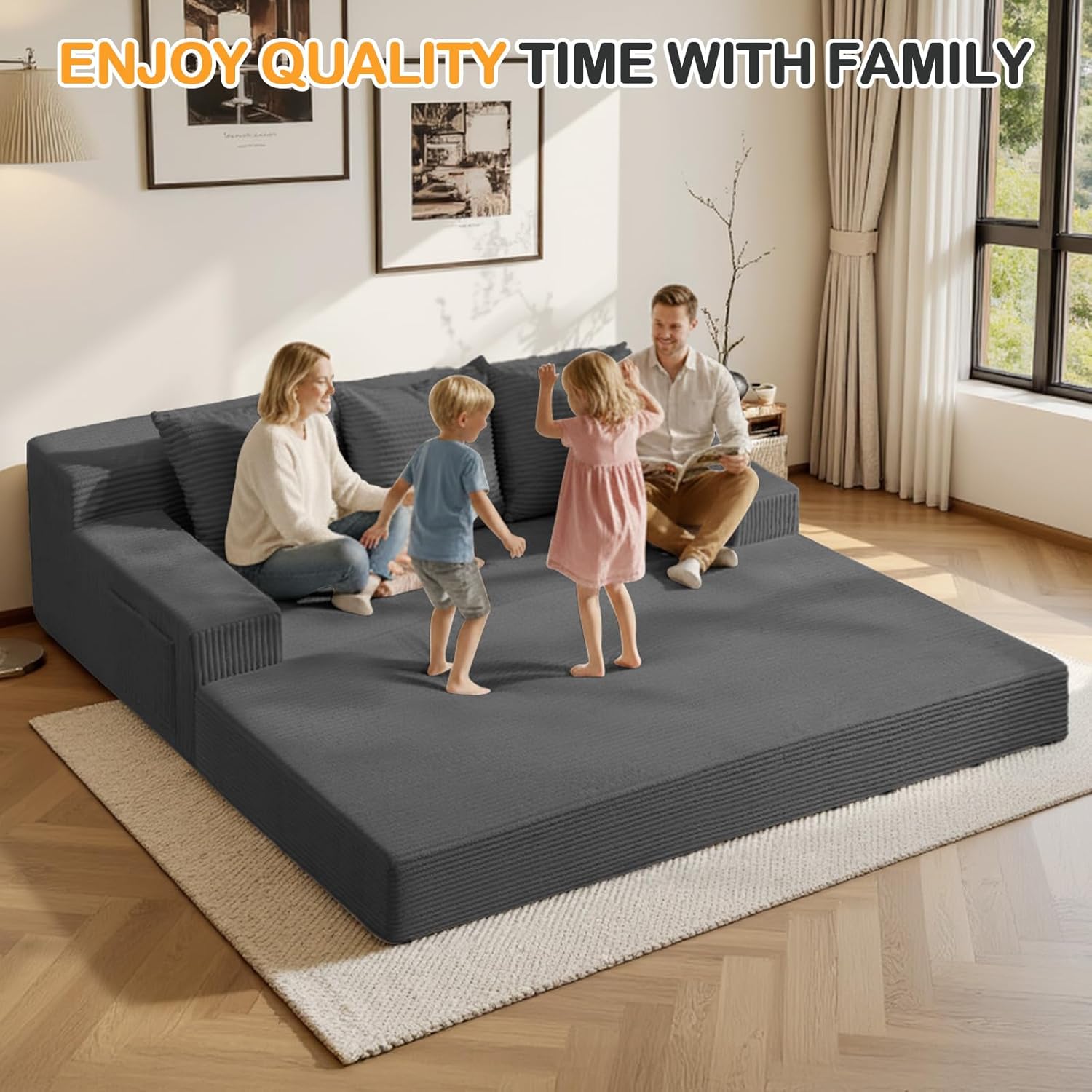 Erament 3 Seater Boneless Couch Sofa Bed, 78'' Corduroy Oversized Loveseat Folding Sofas Bed, Compression Convertible Futon Floor Couch Sofa Beds with 3 Pillows for Living Room Bedroom Apartment