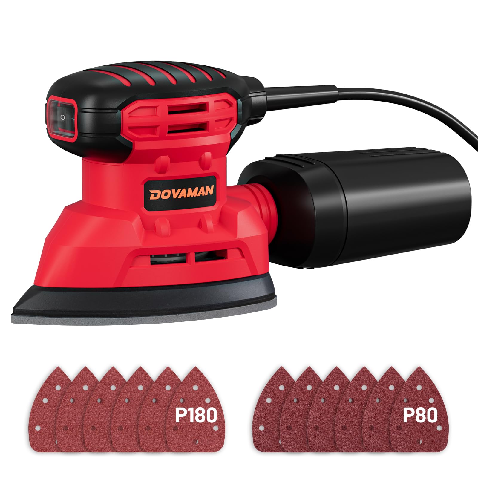 DOVAMAN DLS03A Detail Sander, 1.1 Amp Hand Sander with Dust Collector, 12000 RPM Compact Palm Sander with 12 Pcs Sanderpapers, Low Vibration, Lightweight Hand Sander for Wood and Steel - Red
