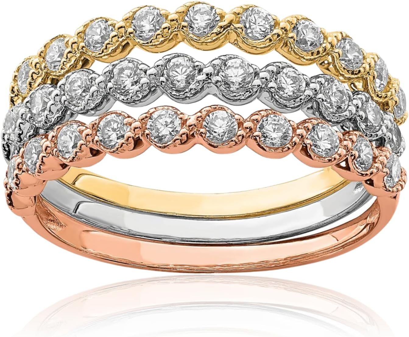 IceCarats 10K Solid Tri Color Gold Cubic Zirconia Rings Set Stackable Ring 1.42mm Slim Band Round Cut, Prong Set