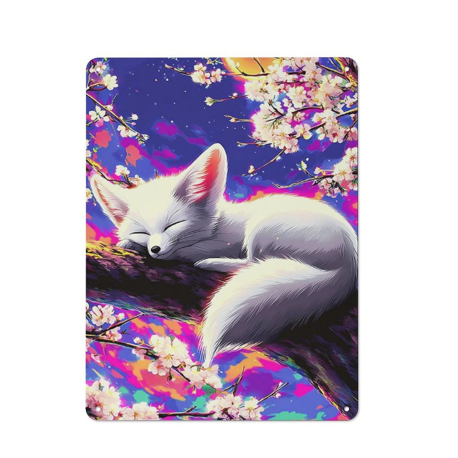 Junmoney Cherry Blossom Dreams Fox Art Print -1 Vintage Metal Sign 40X30cm For Café Or Restaurant, Suited To Restaurant Decor Fans