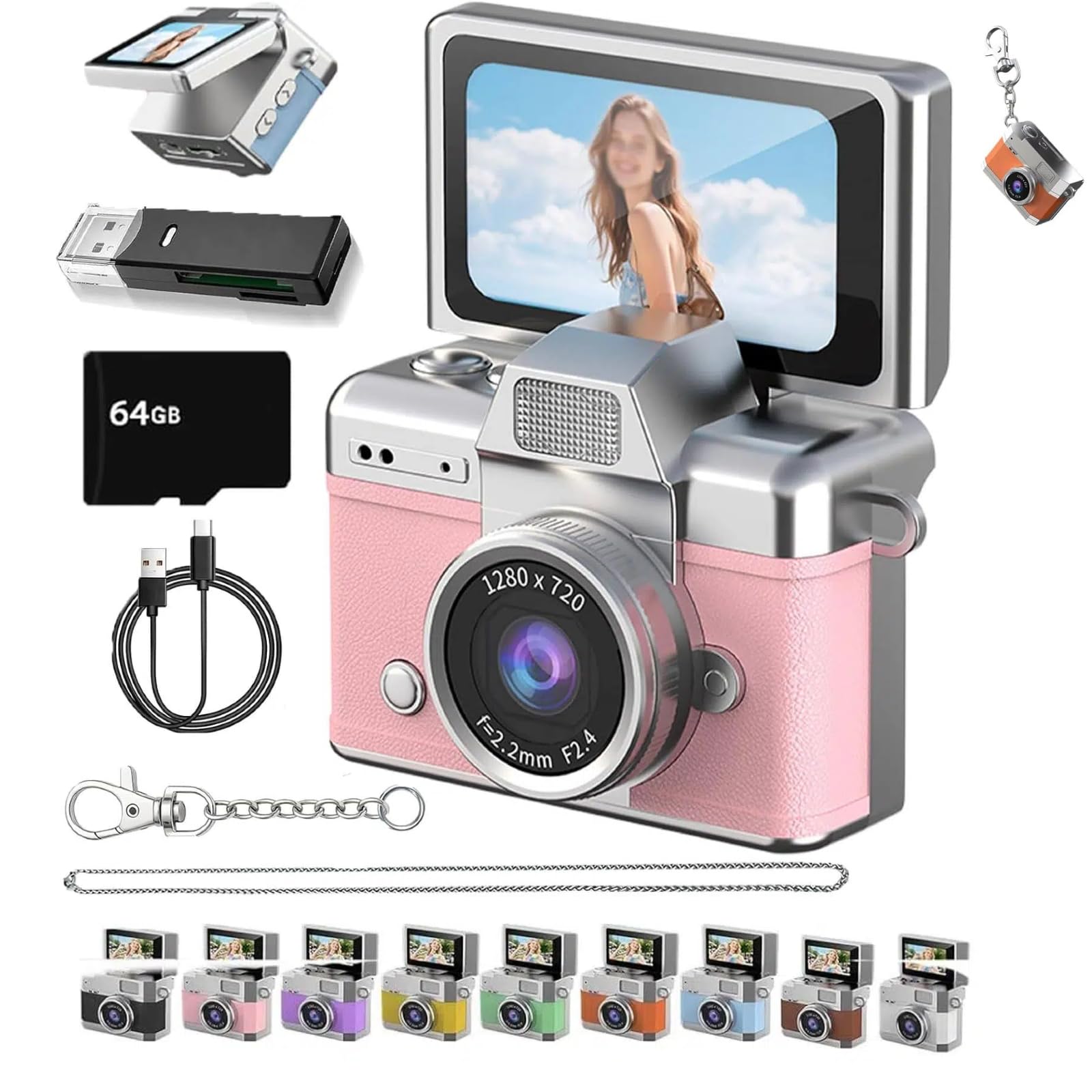 Thumb-Sized Flip Screen Mini Camera, Mini Keychain Digital Camera, Flip Screen Mini Camera with Built-in Flash &amp; Flip Display, 64GB Memory, Portable Keychain Camera for Travel &amp; Daily Use (1, Pink)