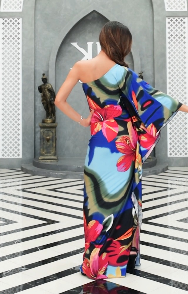 KOH KOH Petite Womens Long One Shoulder Hawaiian Tropical Hibiscus Flower Print Spring Summer Cocktail Party Sexy Tall Flowy Sundress Maxi Dress Dresses Gown Gowns, Blue & Multi Color XS 2-4