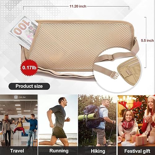 Miniatura 3 de Cinturón de dinero con bloqueo RFID para hombres y mujeres, cartera de cintura delgada para viajes y correr, se adapta a pasaporte, teléfono y