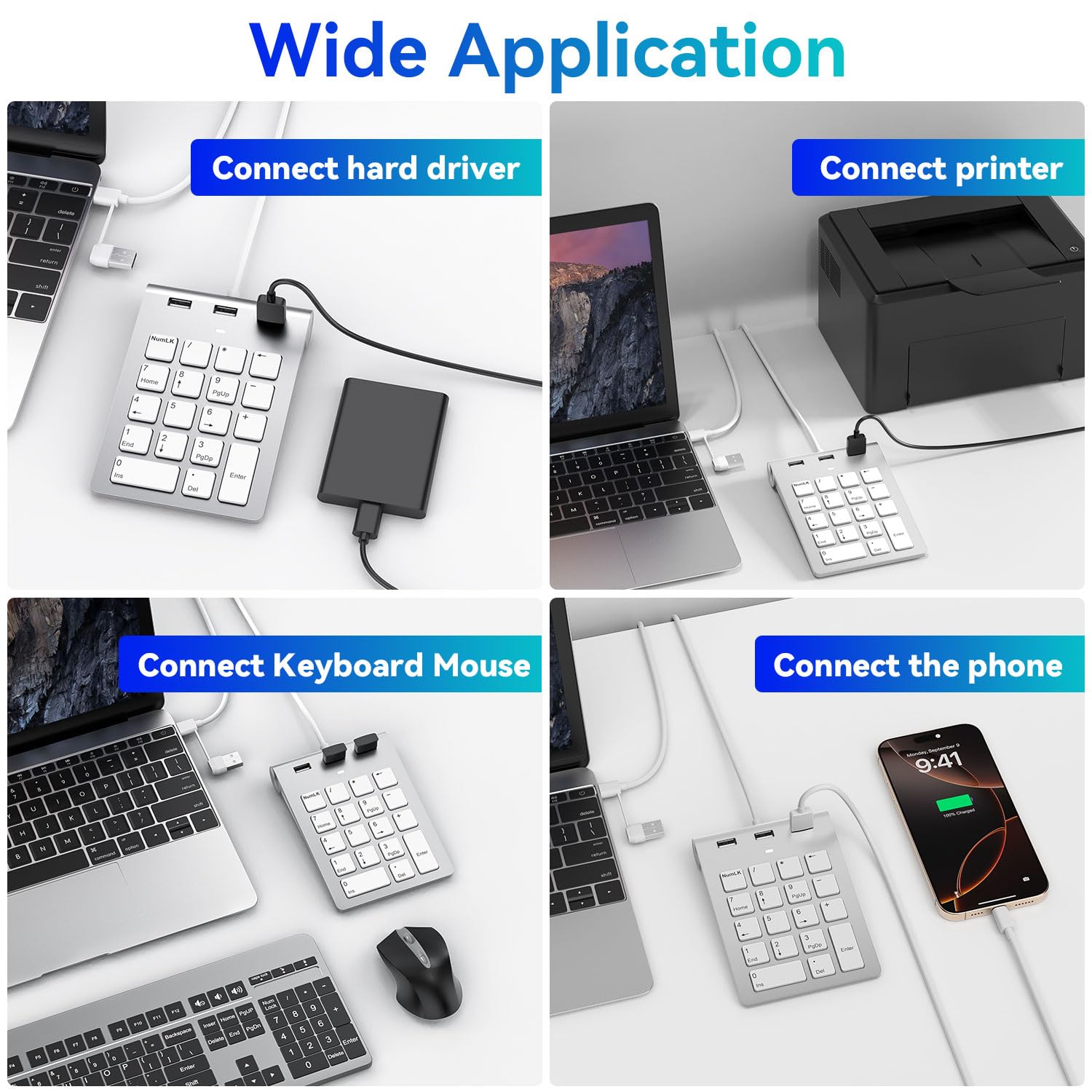 Rytaki Pro Tastierino Numerico Cablato USB-C&USB-A, Tastierino 18 Tasti con 3 Porte USB 2.0, Tastierino Numerico per Laptop/Desktop/Surface/iPad, Numpad USB per Windows/macOS/Chrome OS, Plug & Play