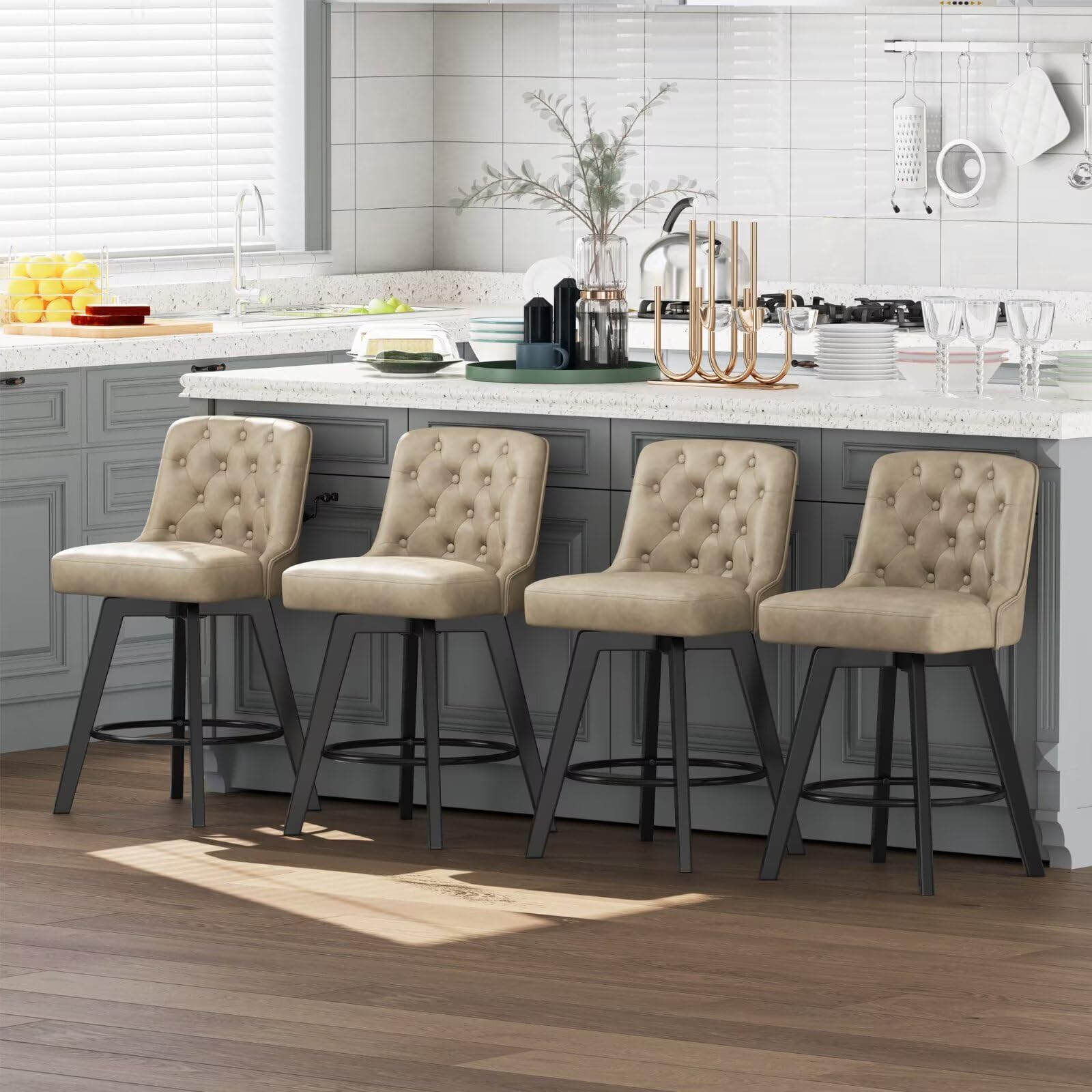 MINCETA Bar Stools Set of 4, PU Leather Barstools, 26 Inch Upholstered Counter Stools with Low Tufted Back and Footrest, Swivel Counter Height