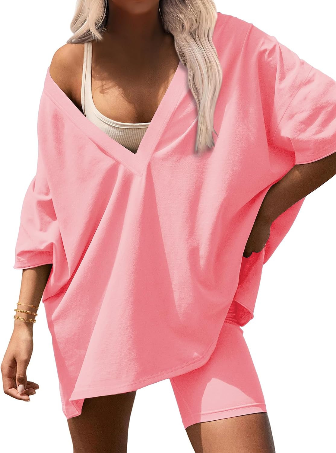Ekouaer Womens 2 Piece Lounge Set 2025 Summer Outfits Oversized V Neck Tshirts Biker Short Comfy Airport Loungewear