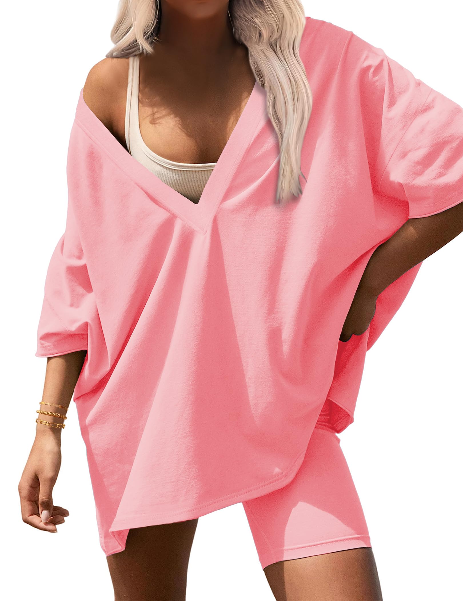 Ekouaer Womens 2 Piece Lounge Set 2025 Summer Outfits Oversized V Neck Tshirts Biker Short Comfy Airport Loungewear