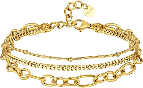 Gold Layered Bracelets Set for Women 14K Gold Adjustable Dainty Paperclip Chain Link Bracelet Gold Filled Jewelry Gift