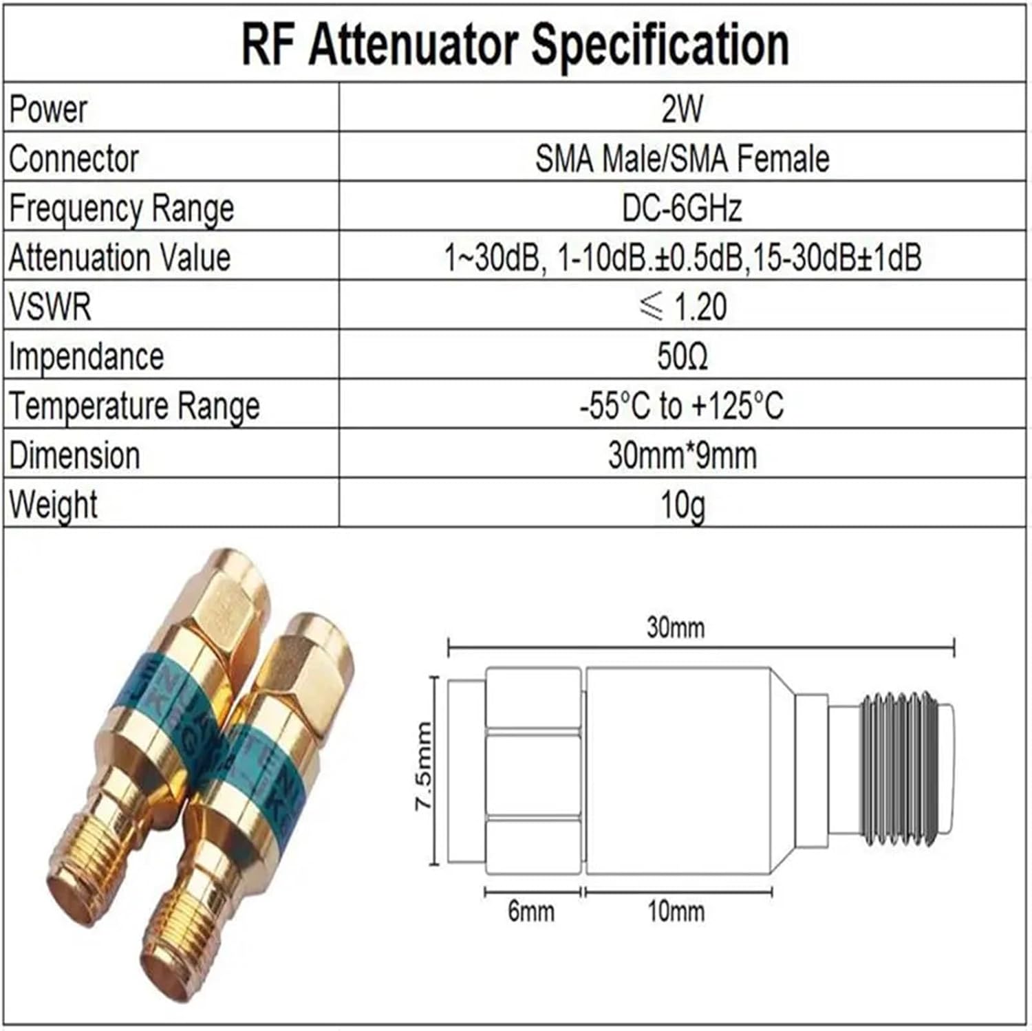 1pc 2W DC-6GHz, SMA Male to SMA Female Coaxial RF Attenuator,1/2/3/5/6/10/15/20/25/30db Attenuator,SMA Fixed Connectors Gold Plated(20db)