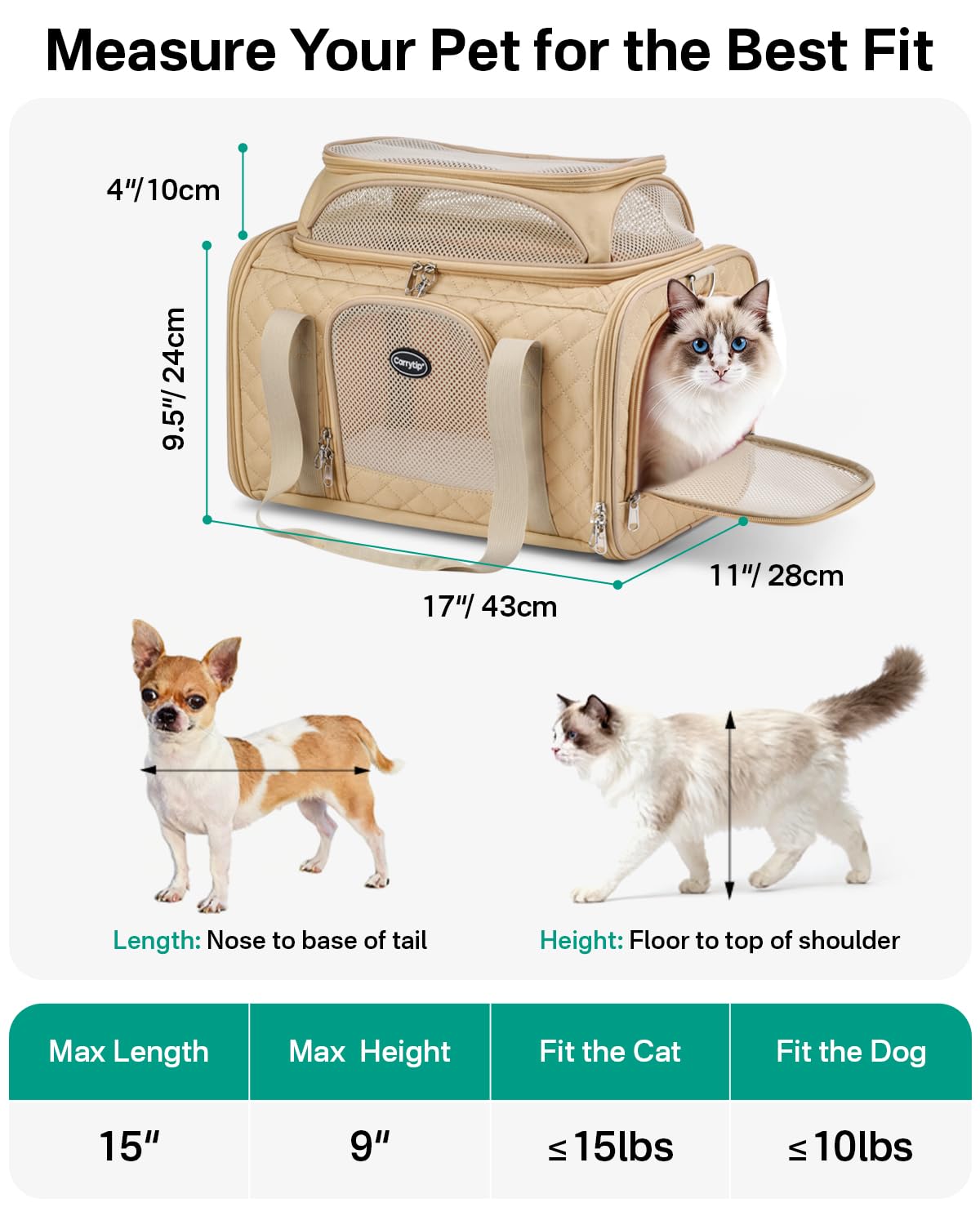 CarryTip Cat Carrier Airline Approved 17x11x9.5 Inches, Top Expandable Soft Sided Pet Travel Carrier for Cats & Small Dogs, Fits Under Airline Seat with Locking Zippers, Brown - image 2