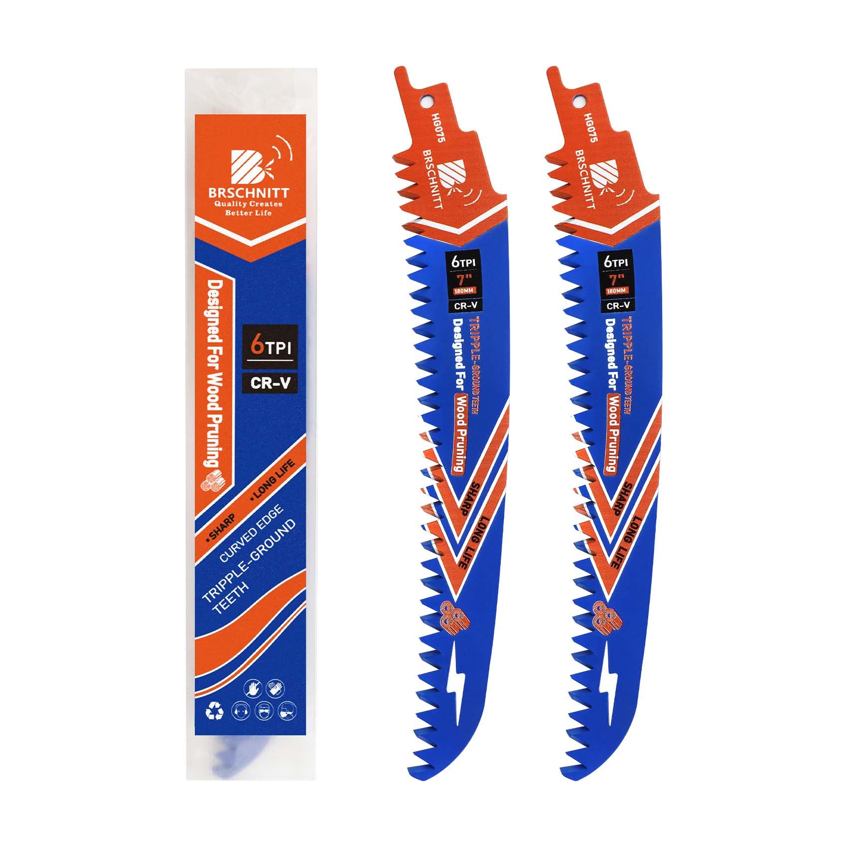 BRSCHNITT Japanese Teeth Reciprocating Saw Blades 180mm 2PCS - Curved Edge Wood Pruning Saw Blades 6TPI for Tree Trimming,Wood Cutting,Cr-V Sabre Saw Pruning Blades — image 1