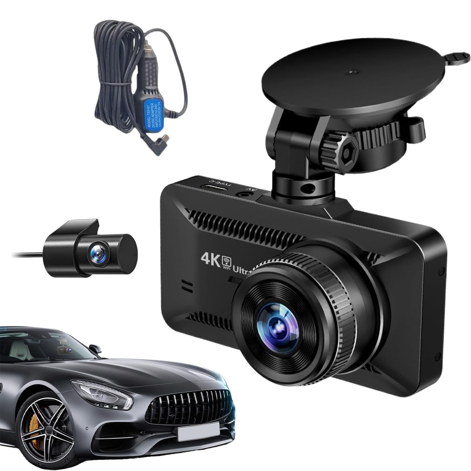 Cámara De Coche Inalámbrica,4K Inalámbrico Visión Nocturna Grabador de Vigilancia - 10 cm Pantalla Cámara de Video Delantera y Trasera - Para Vehículos Camiones Estacionamiento Grabación Seguridad Con