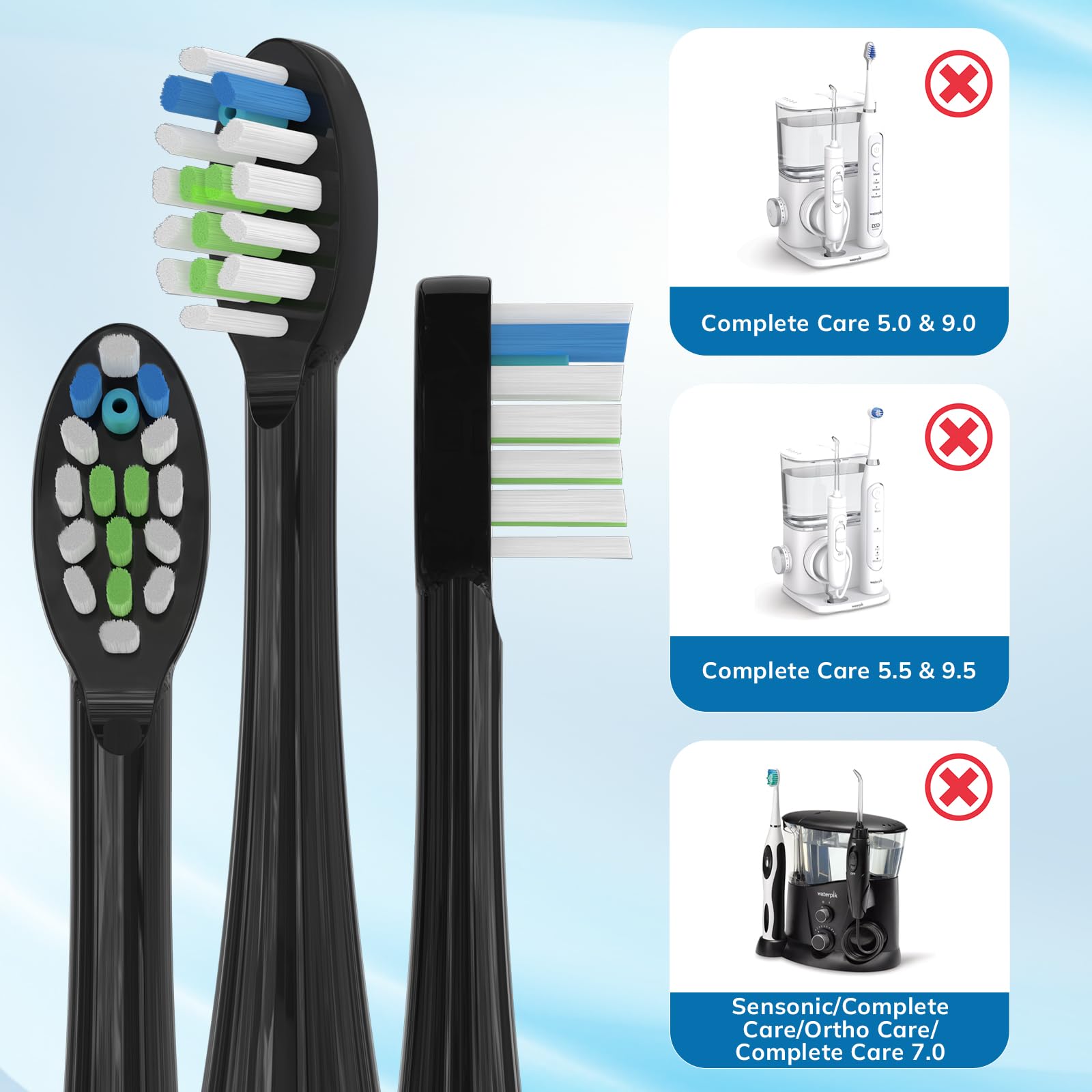 Paquete de 6 cabezales de repuesto para cepillo de dientes de repuesto para cepillo de dientes de hilo dental compatible con Sonic Fusion SF01/SF02 y Sonic Fusion 2.0 SF03/SF04, color negro con tapas