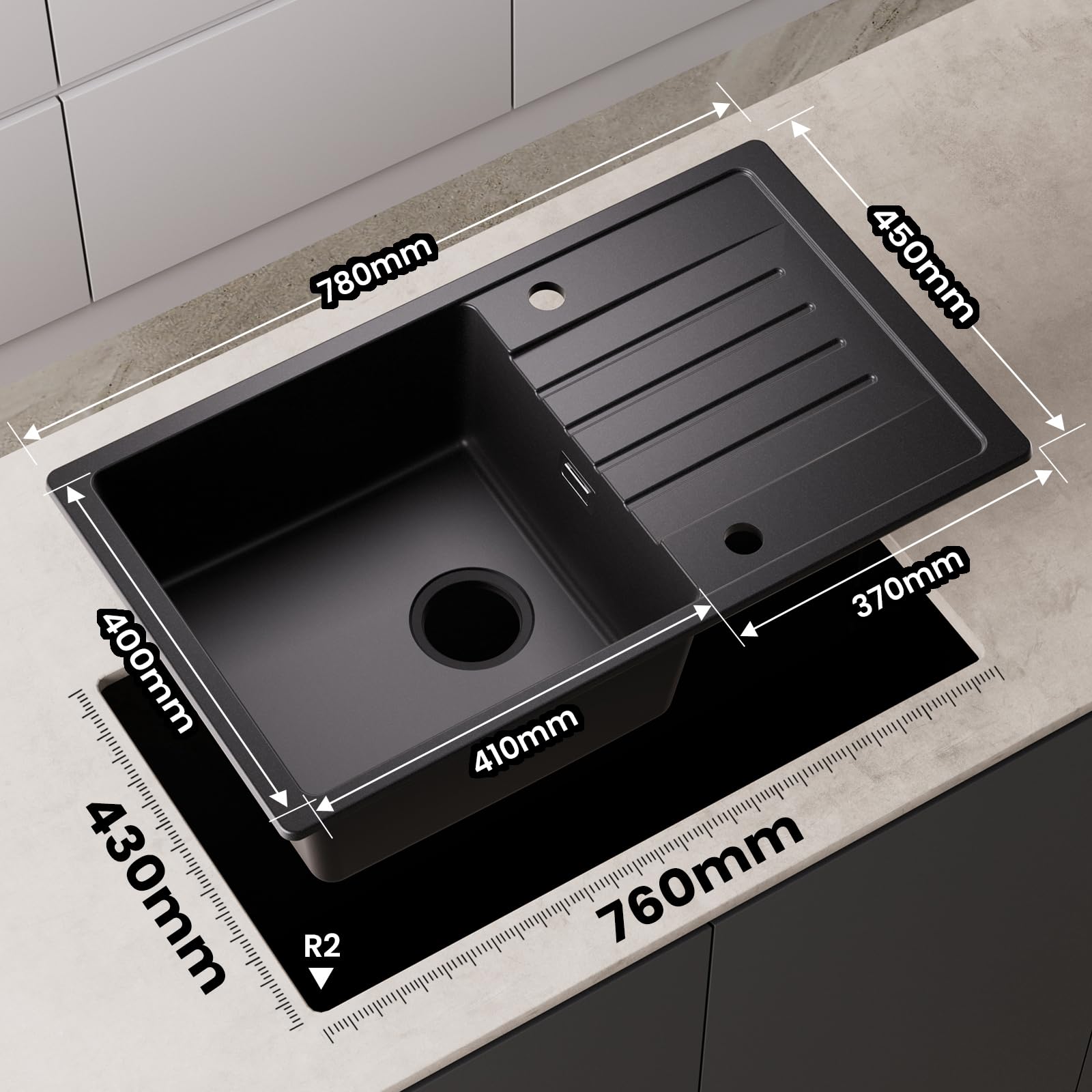 CECIPA 78 x 45 cm Lavello Cucina con Arco Rubinetto Estraibile, Lavello Nero con Gocciolatoio in Granito, Lavandino Cucina Nero per Mobile di lunghezza 60cm con Troppopieno e Sifone