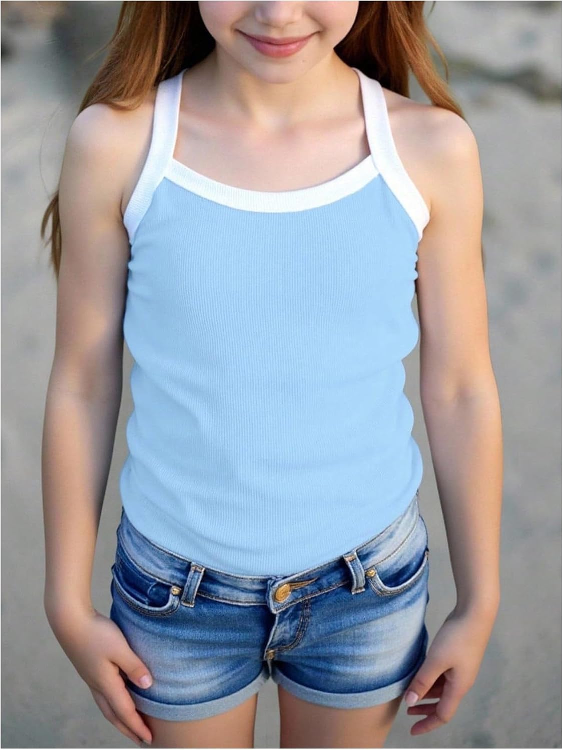 OYOANGLE Girl's Ribbed Color Block Tank Top Sleeveless Fitted Cute Summer Cami Tops Beach Vacation Undershirts