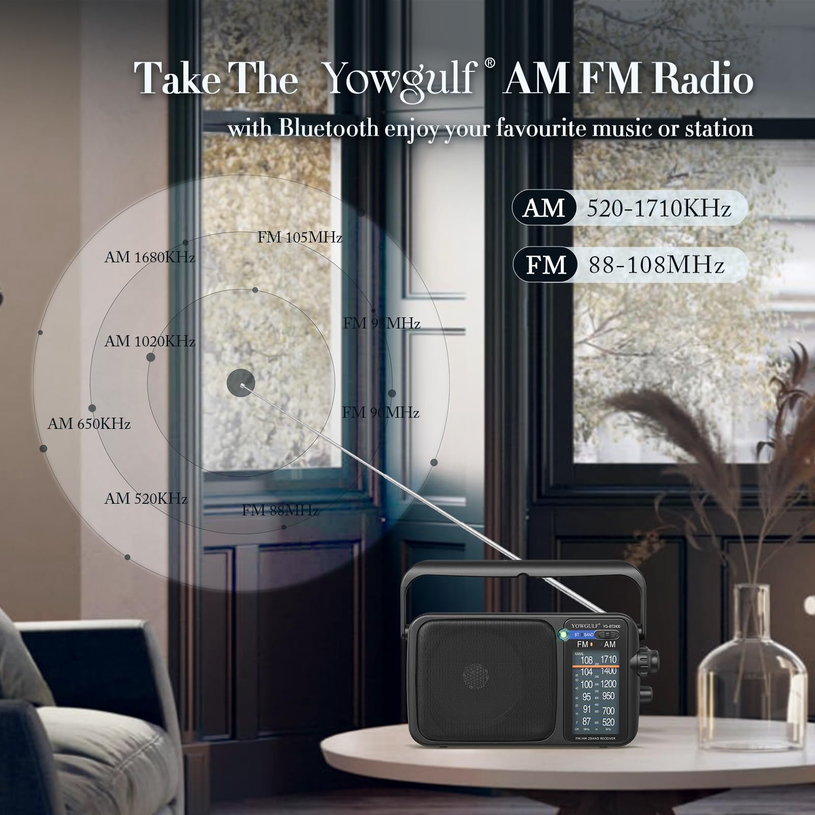 AM FM Radio with Best Reception,Bluetooth Portable AM FM Transistor,Battery Operated Radio or AC Power,Large Dial,Headphone Jack, Gifts for Seniors Elderly