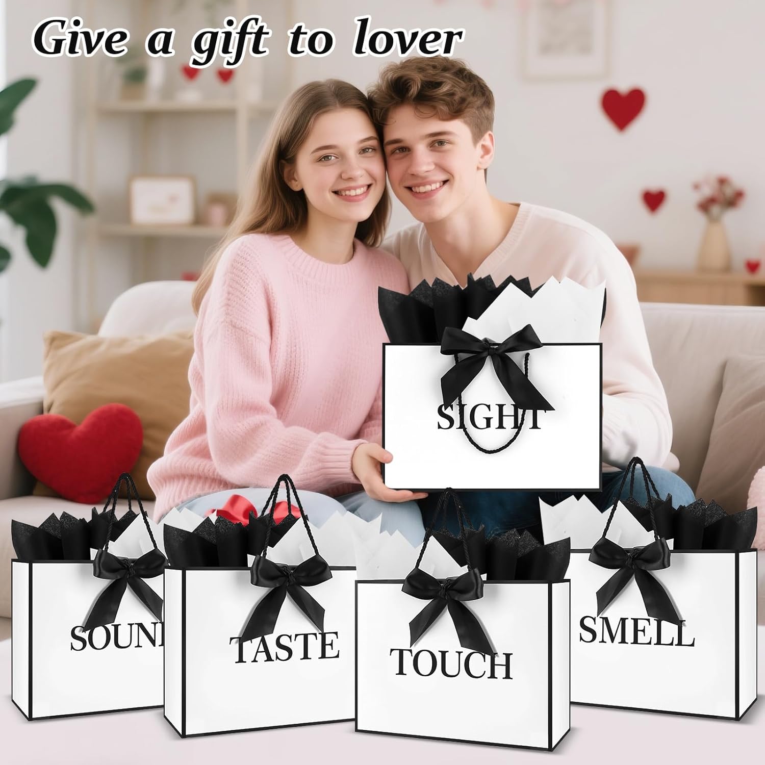 5 Senses Gift Bags for Him Her With Labels,Handles,Ribbon and Tissue Paper, 12.6 X 8.7 X4 Inch Five Senses Paper Bags, Suitable for Birthday Party,Wedding,Anniversary,Christmas,Valentine's Day (White Black) - Image 5