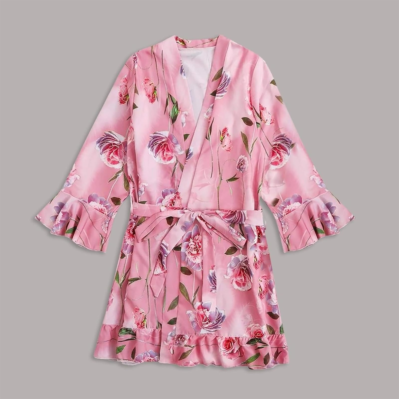 Albornoz Mujer Pijamas De Satén para Mujer, Camisón Cómodo con Estampado Floral, Batas Lencería, Albornoz Abierto Frontal Bata(C,3XL)