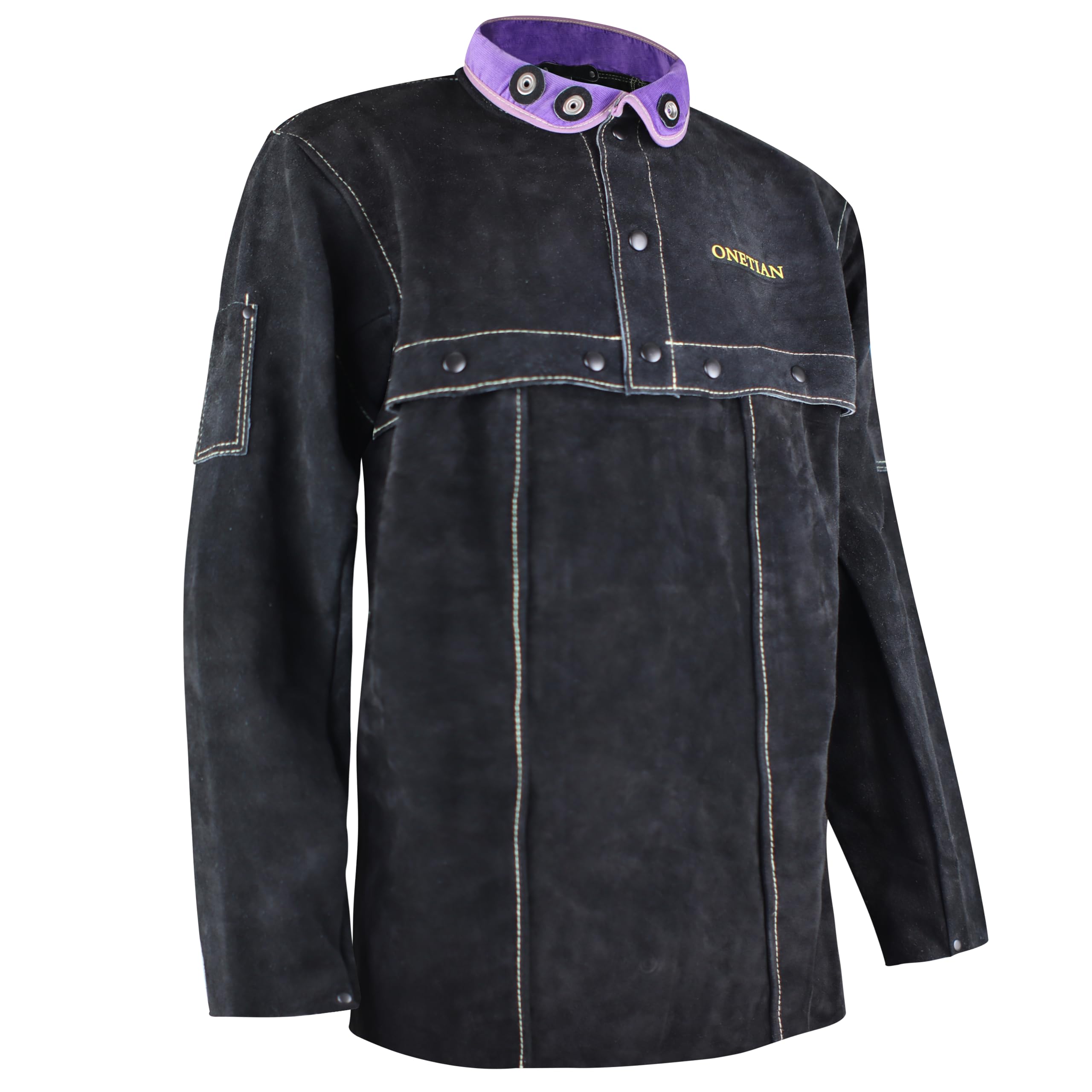 Leather Welding Jacket - Premium Cape Sleeve Coat with Enhanced Snap Buttons - Heavy-Duty Welding Gear in Black