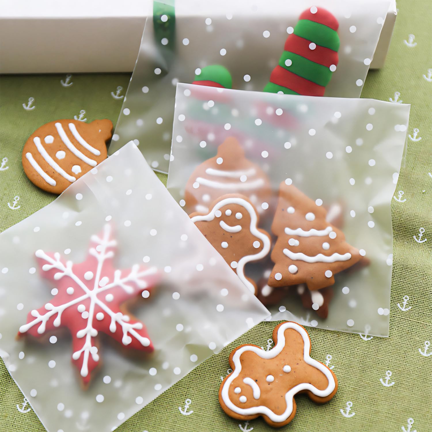 200 Sacs En Cellophane Autocollants 10x10 Cm - Pour Biscuits, Bonbons, Bijoux, Savons - Design à Pois Givré