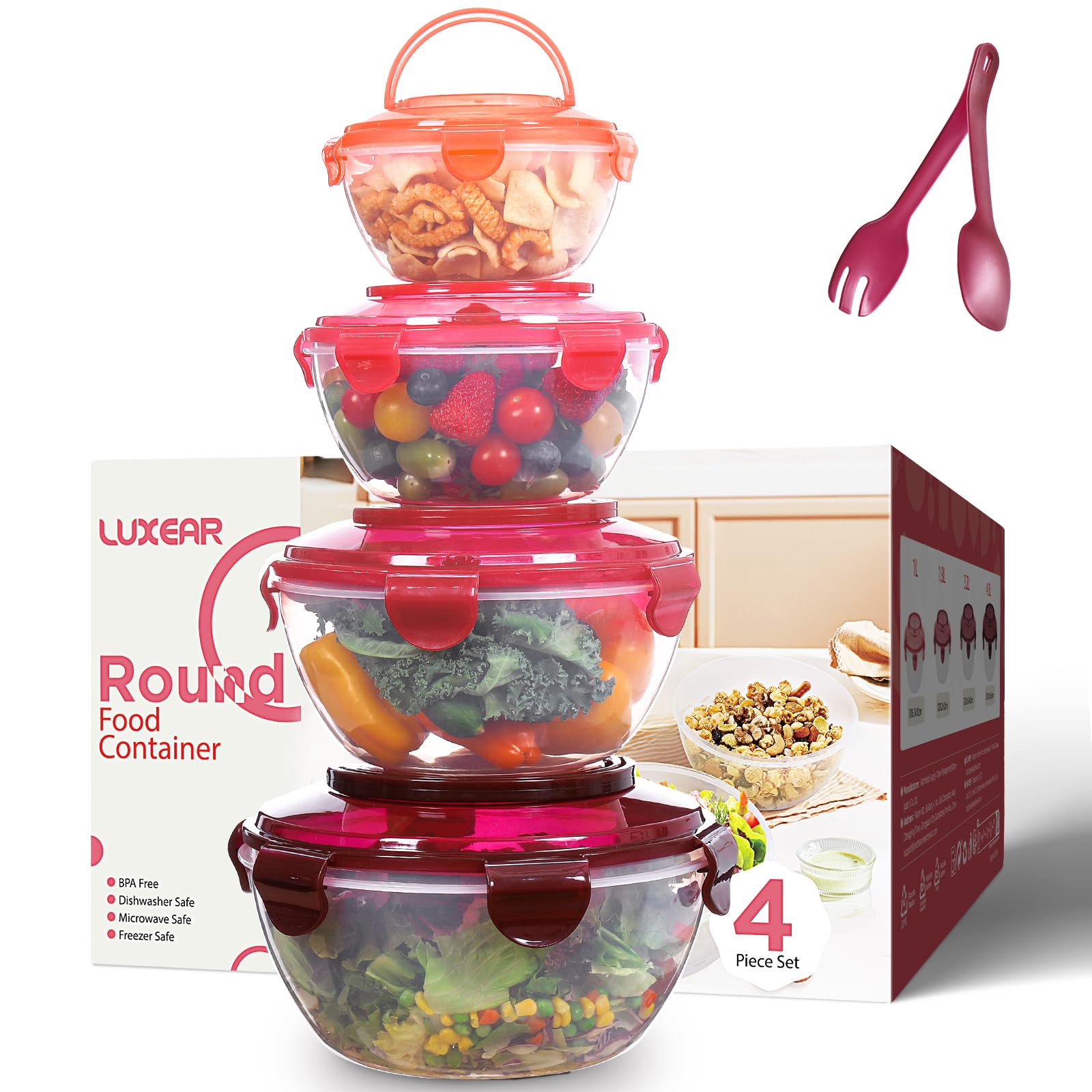 Luxear Salatschüssel mit luftdicht Deckel groß, 4,5L/3,2L/1,8L/1L Salatschüssel mit Tragegriff Gabeln Löffel, Stapelbar große Schüsseln Frischhaltedosen BPA-frei mikrowellen- und Spülmaschinenfest