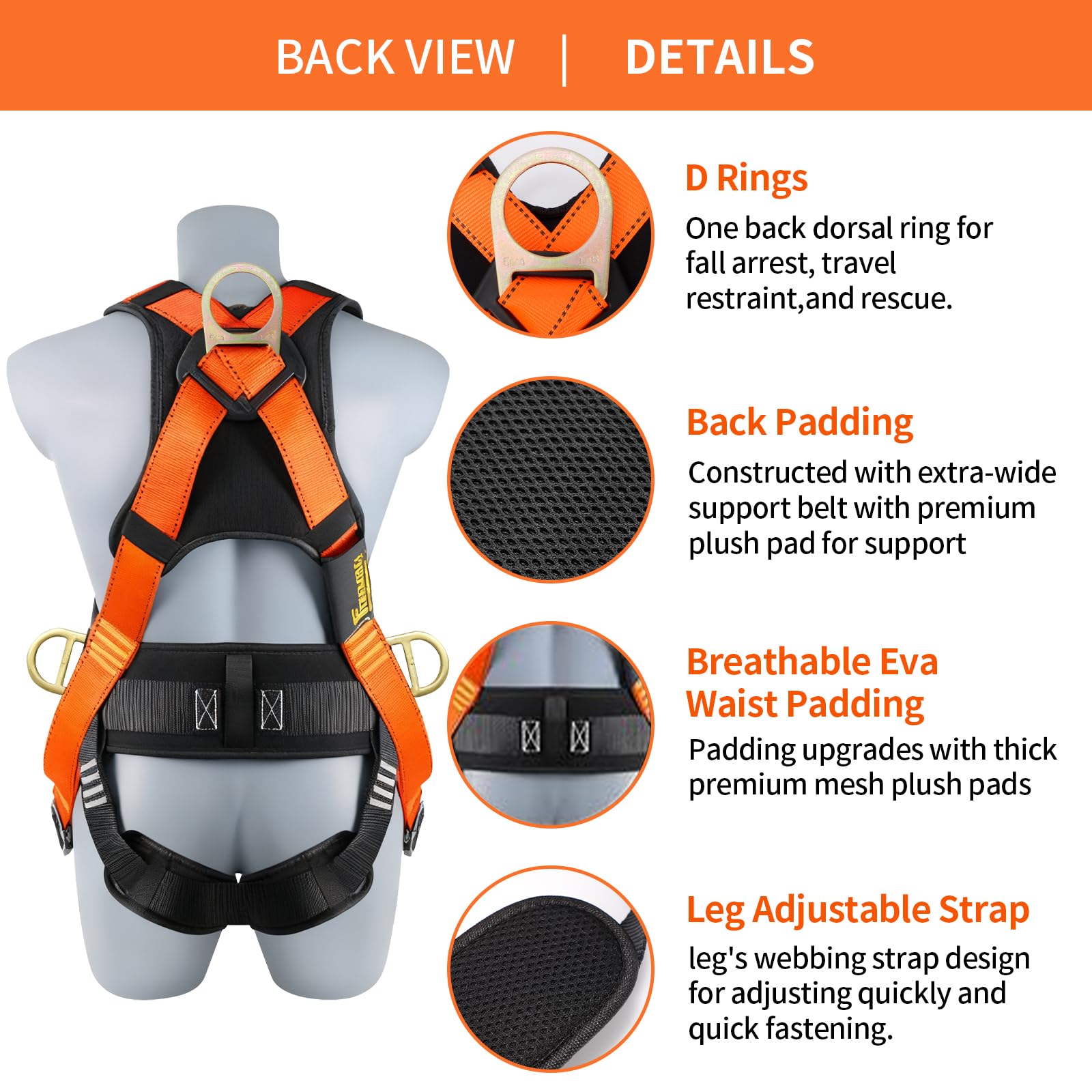 Sicherheitsgeschirr Fallschutz, Harness For Men Construction, Verdickte Lendenwirbelstütze, Fallschutz Auffanggurt(Orange) für Bergsteigen, Outdoor Baumklettern, Luftarbeiten