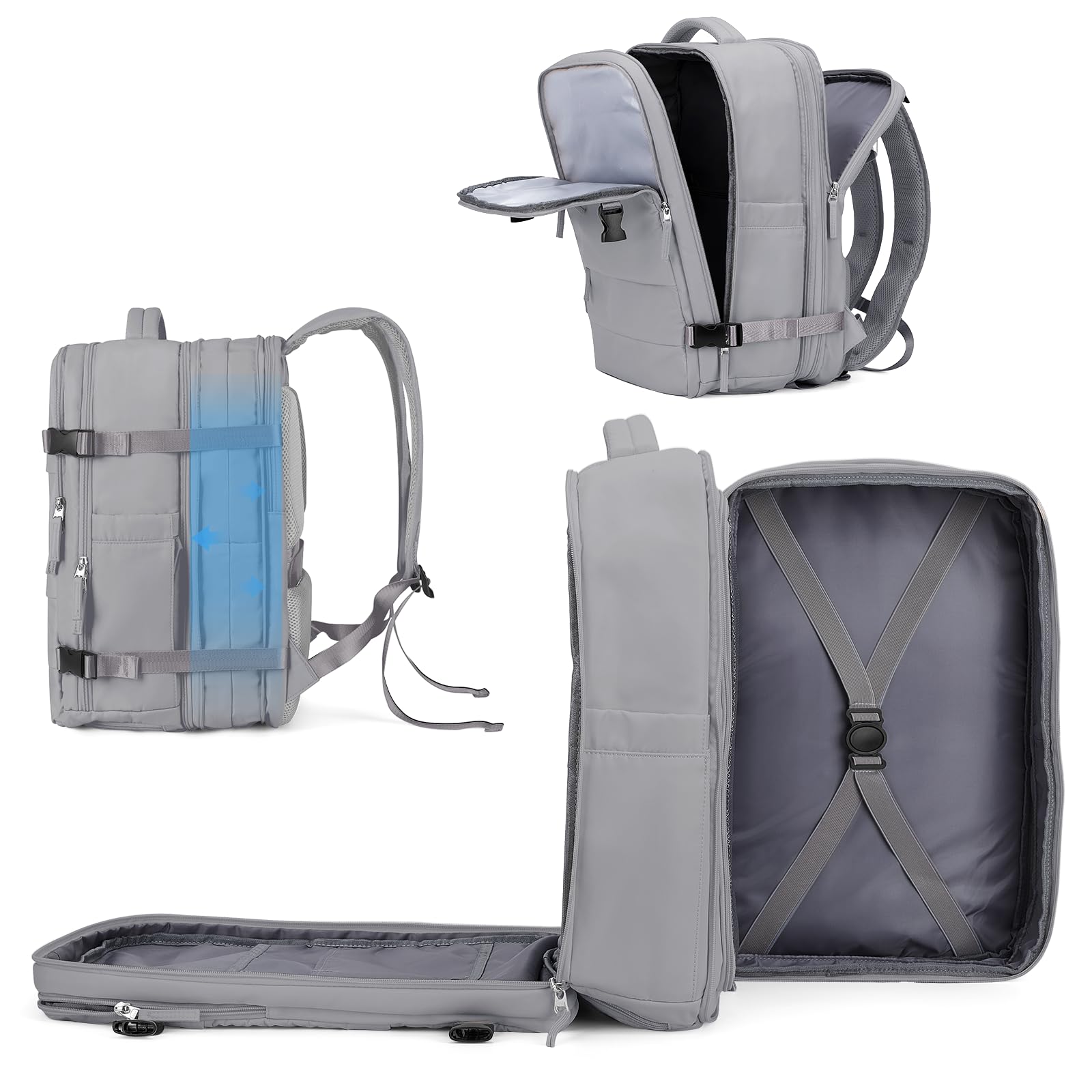 coowoz Large Travel Backpack For Women Men, Carry On Backpack,Hiking Backpack Waterproof Outdoor Sports Rucksack Casual Daypack Expandable Heavy Duty Extra large Backpack Grey Expansion