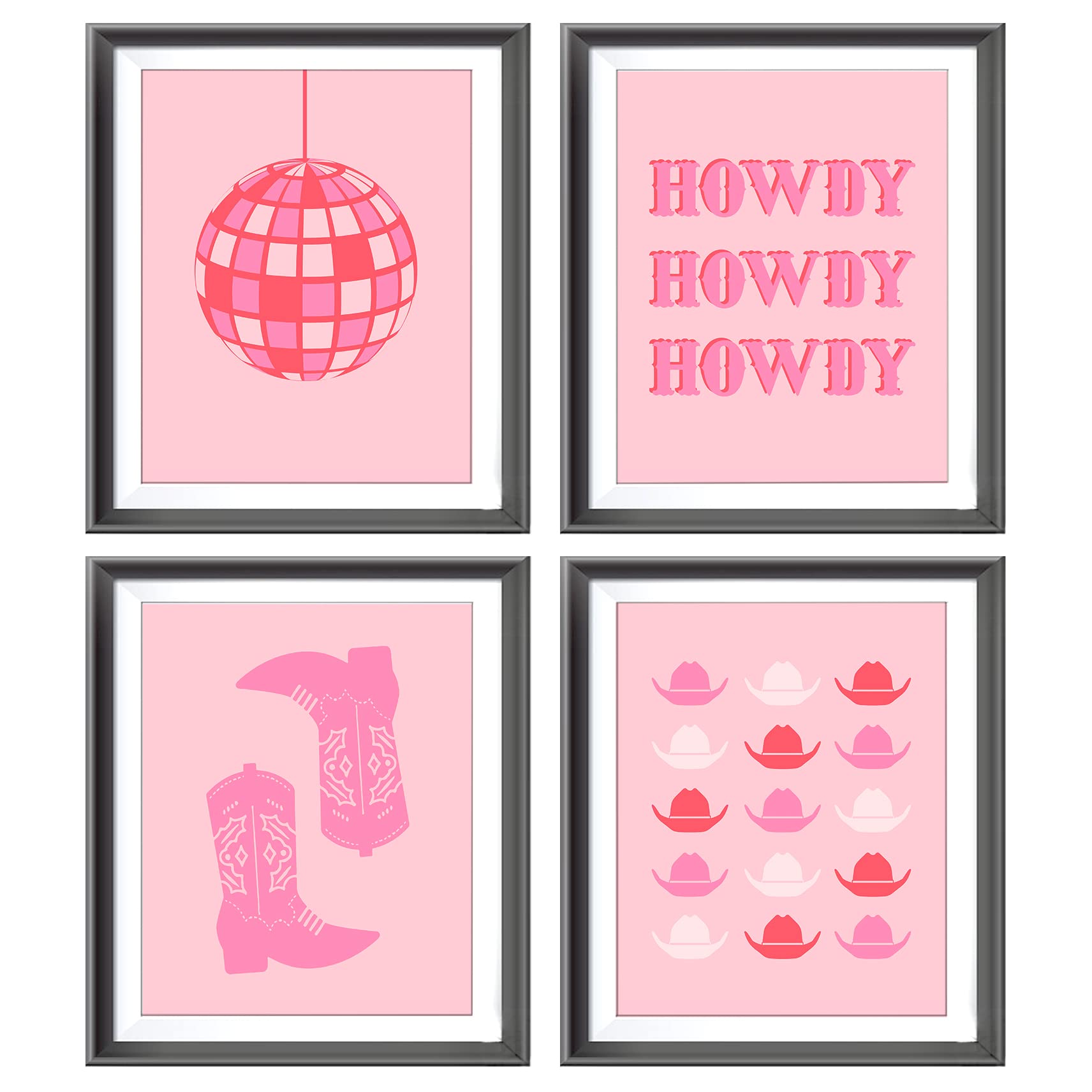 Hot Pink Howdy Western Cowgirl Boots Hats Bull Skull Disco Ball Poster Prints for Home Girls Room Dorm Decor,Preppy Decorations Prints Wall Art Unframed 4pcs 8x10 Inches,Teen Girls Cowgirls Gifts