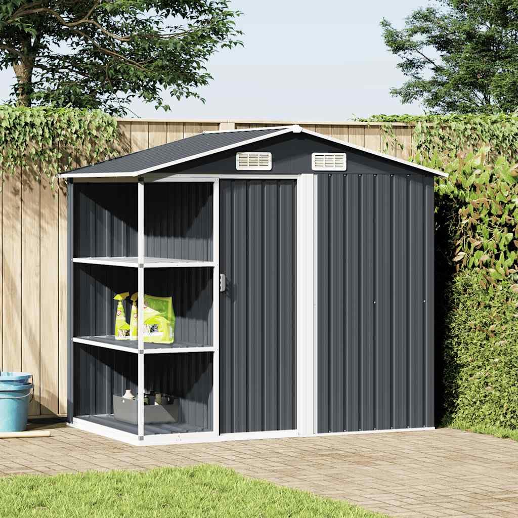Domek ogrodowy z regałem, antracyt, 205 x 130 x 183 cm, żelazny domek ogrodowy ze stelażem do przechowywania urządzeń ogrodowych i przedmiotów gospodarstwa domowego, wytrzymały regał stalowy do