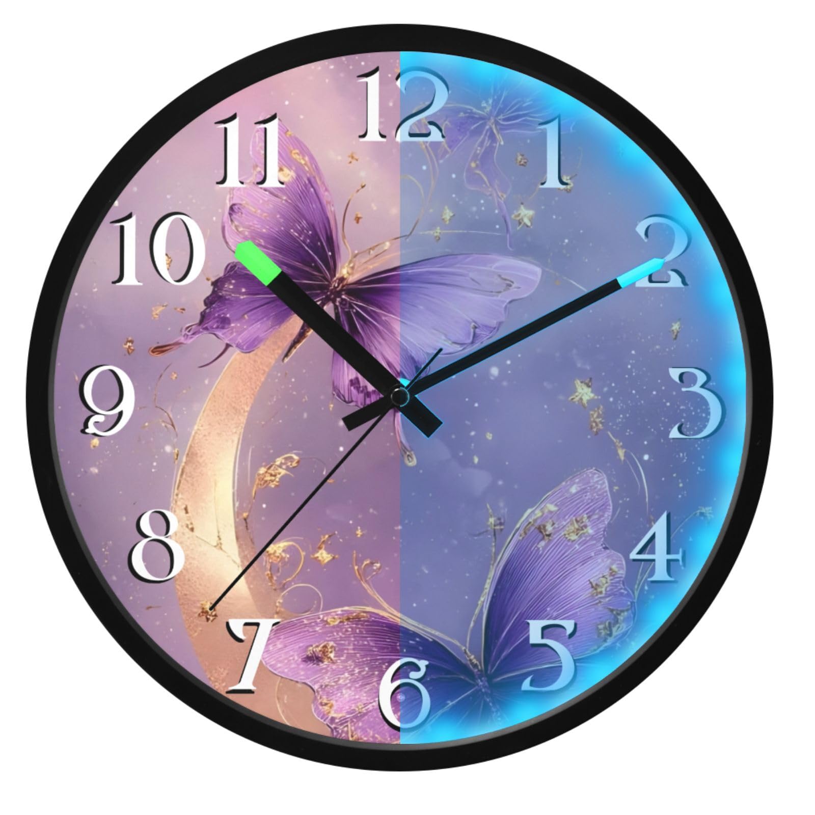 Mnsruu Reloj de pared luminoso con diseño de mariposas moradas y luna, funciona con pilas, reloj silencioso que brilla en la oscuridad, para sala de estar, cocina, 30,5 cm