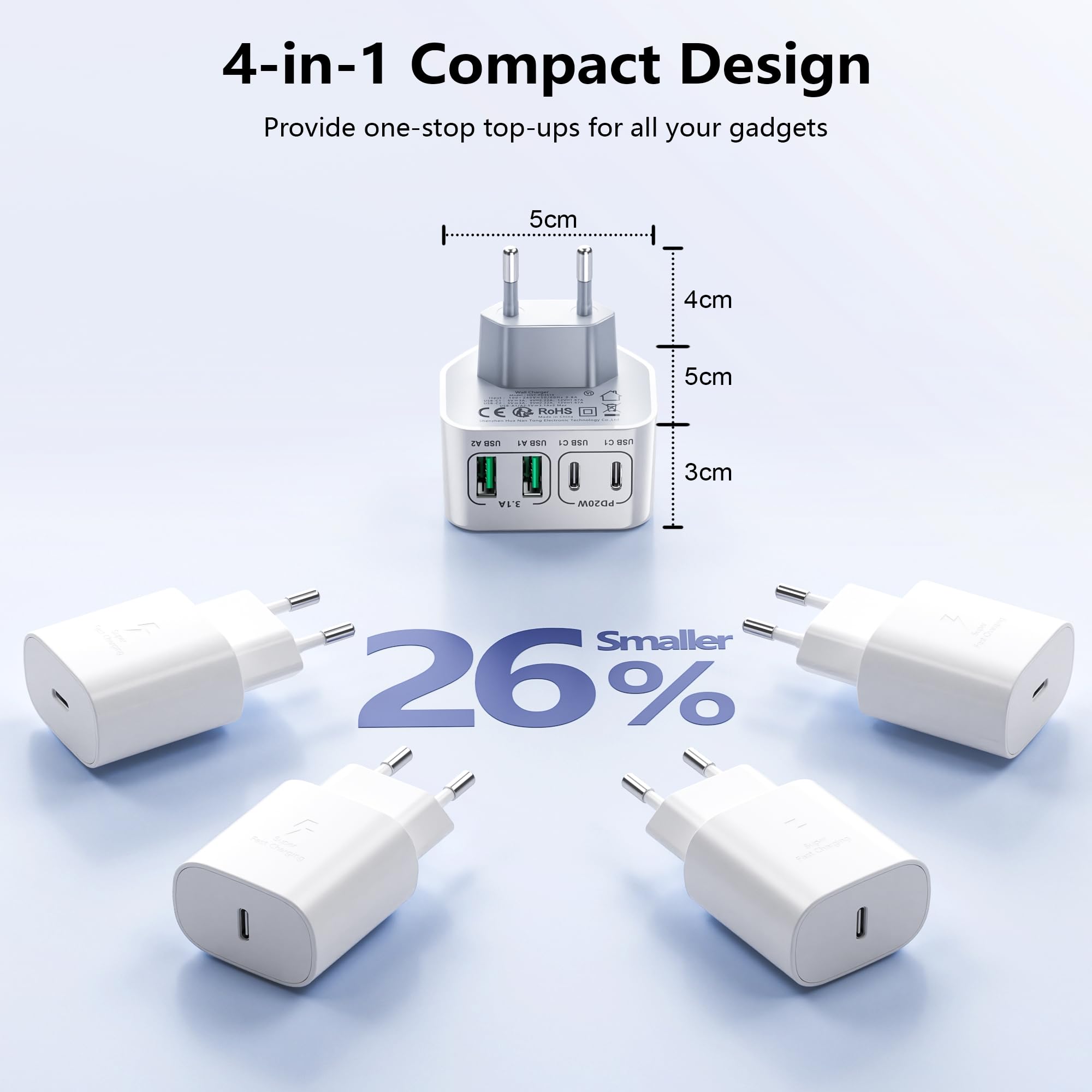 Mzhou USB Oplader 120W, 4-Poorts (3 USB-C 1 USB-A) High-Speed Oplaadadadapter, 2M Snellaadkabel Met E-Mark Chip Voor Telefoon/Pad/Laptop/ Tablet En Andere Adapters