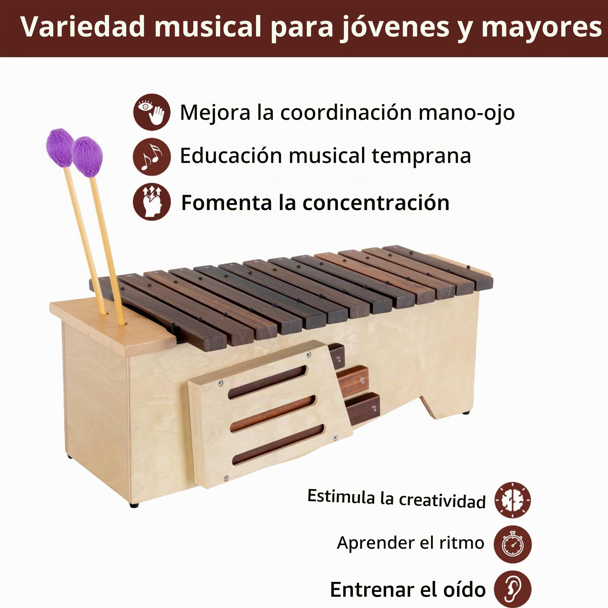 Classic Cantabile AX-1600NG Xilófono Alto (Xilófono Alto, 16 tonos, escala de Do mayor, rango tonal: c' a a'', caja de resonancia de tilo, baquetas) Madera de tilo