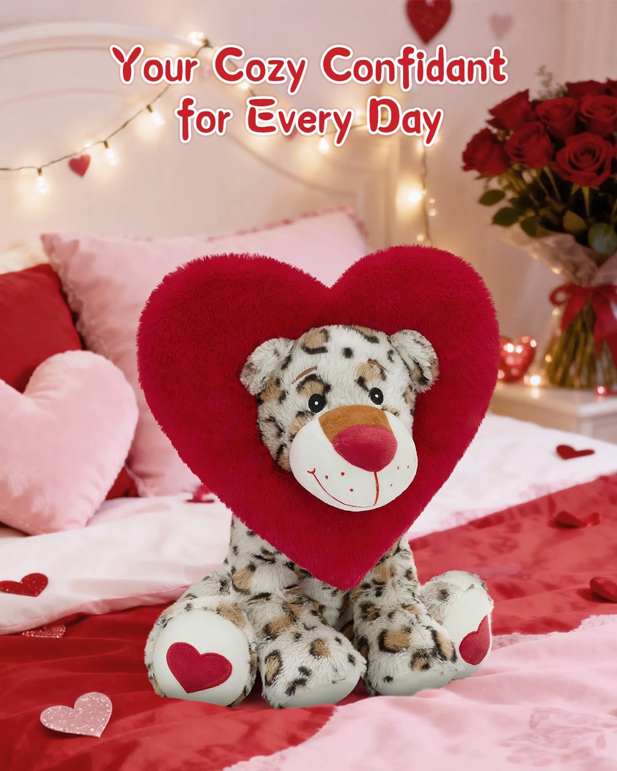 Valentines Leopard Plush Toy, Snow Leopard Stuffed Animal with Red Heart-Shaped Hood, 17“ Soft Cute Valentines Plushie for Girlfriend Kid Wife, Love Heart Throw Pillow Gift for Christmas