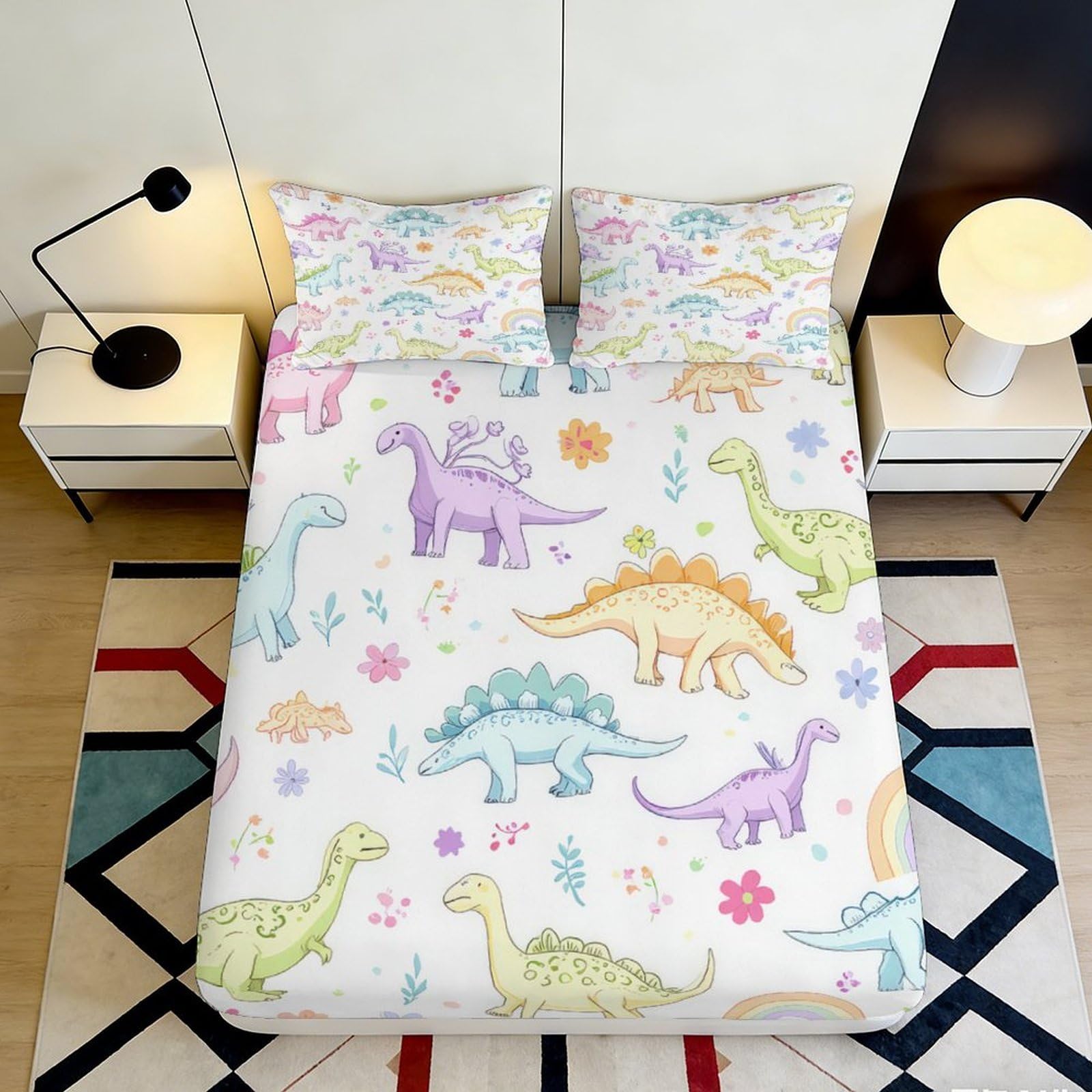 3D Printed Cute Dinosaur Fitted Sheet Microfiber Soft Pastel Dino Bed Cover for Bedroom Dorm Mattress Protector 120x200x25cm