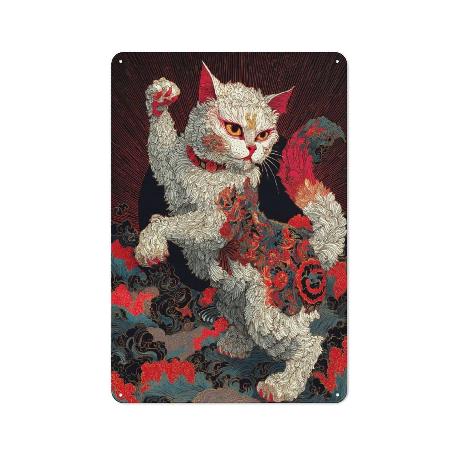 Junmoney Style-19 Ornate Cat Illustration With Japanese Style Decorative Metal Wall Decor 30X20cm, Decorative Tin Plaque For Bedroom, Kitchen, Office Or Living Room