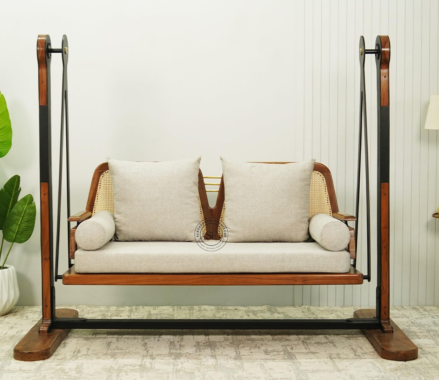 Sheesham Wood Swing with Stand | 2 Seater Wooden Jhula for Living Room & Balcony | Indoor Hanging Swing with Cushion | Cane Backrest | Heavy Duty Metal Frame | Honey Finish