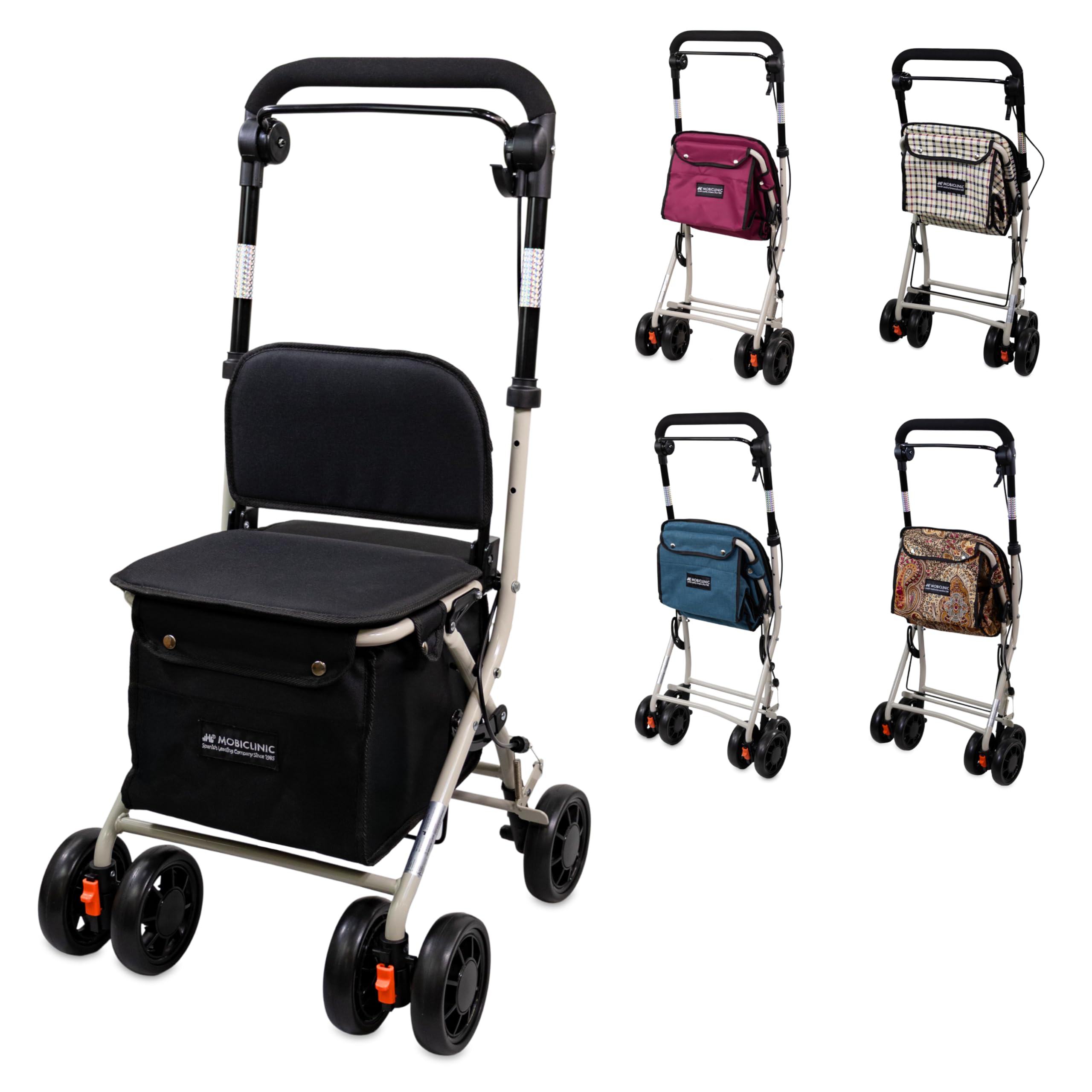 Mobiclinic®, Andador Plegable, Carro de la Compra con Asiento, Coliseo, Monomando, Acero, Gran Cesta, Respaldo y Acolchado, Sistema Frenado, Ruedas 360º, Negro