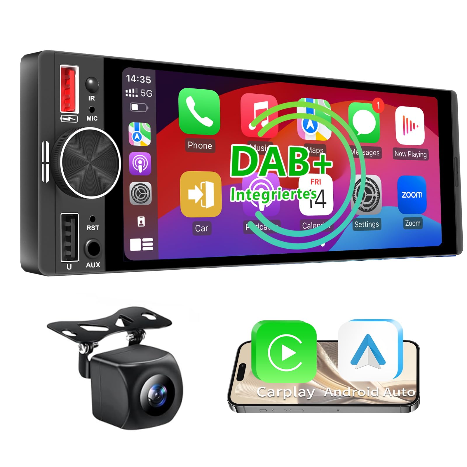 6,36 Zoll 1 Din Autoradio mit Drahtlosem CarPlay & Android Auto, Bluetooth, Full-Touch-Display FM, DAB+, Rückfahrkamera und Mikrofonunterstützung