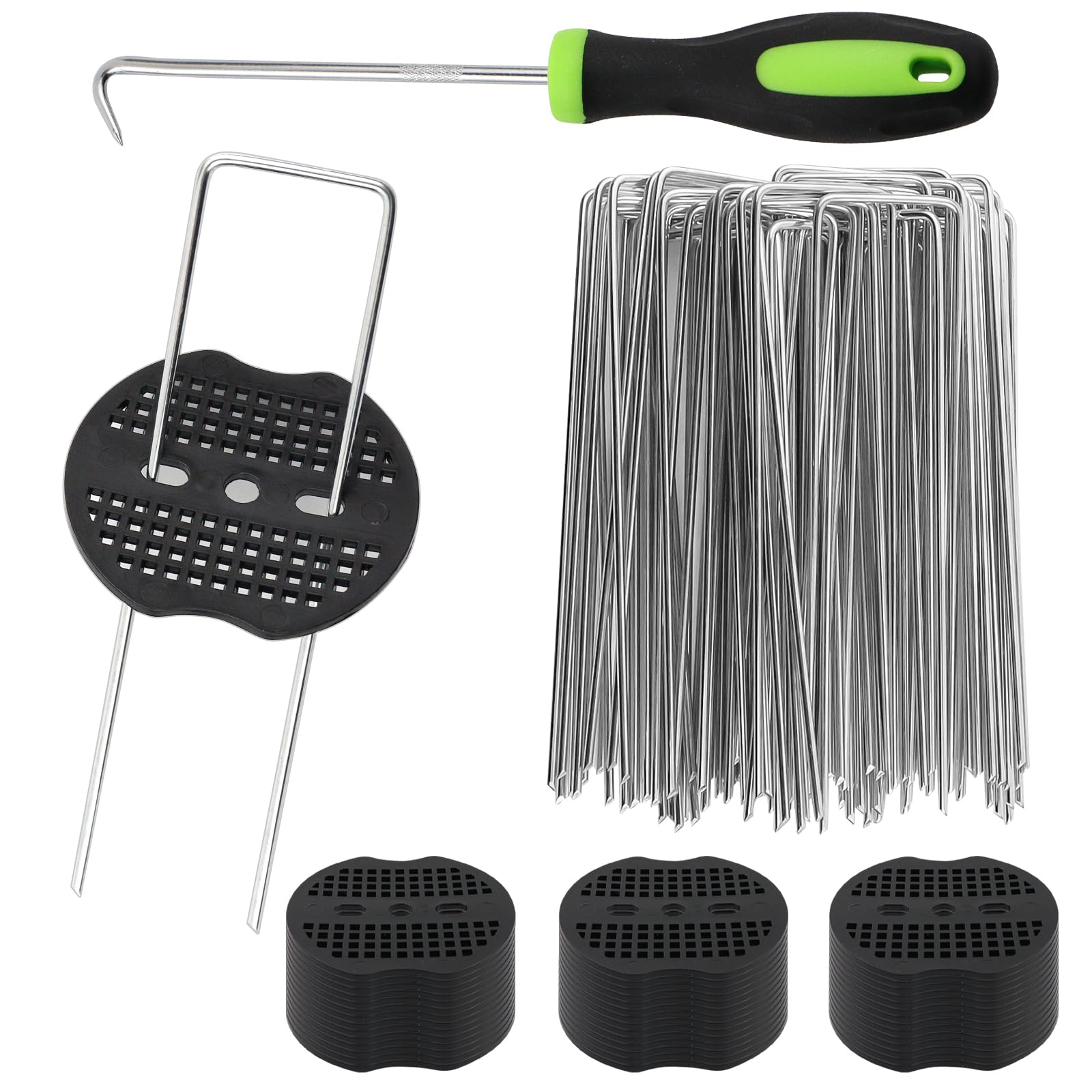 alwaiiz Unkrautvlies Haken, 60 Stück Erdanker Unkrautvlies Ø2.5 mm + 40 Stück Unterlegscheiben + Haken Werkzeug, Erdnägel Set für Befestigung von Gartenvlies