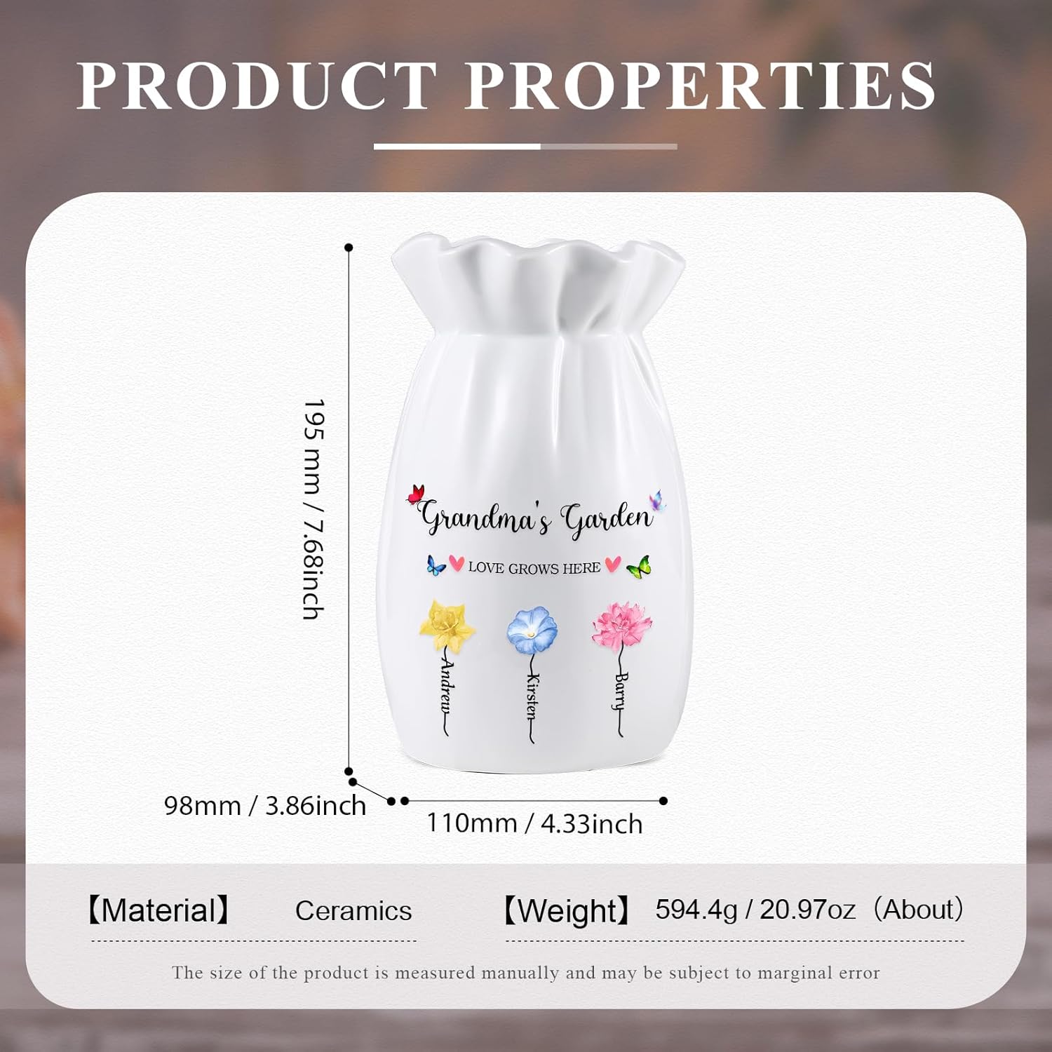 Personalized Garden Flower Vase for Women - Custom 2-6 NamesText Birthflowers Vase Gifts for Mom Mothers Day Housewarming New Home Decor Gifts for Women Her Grandma (3 Names - 4.33''x3.86''x7.68'')